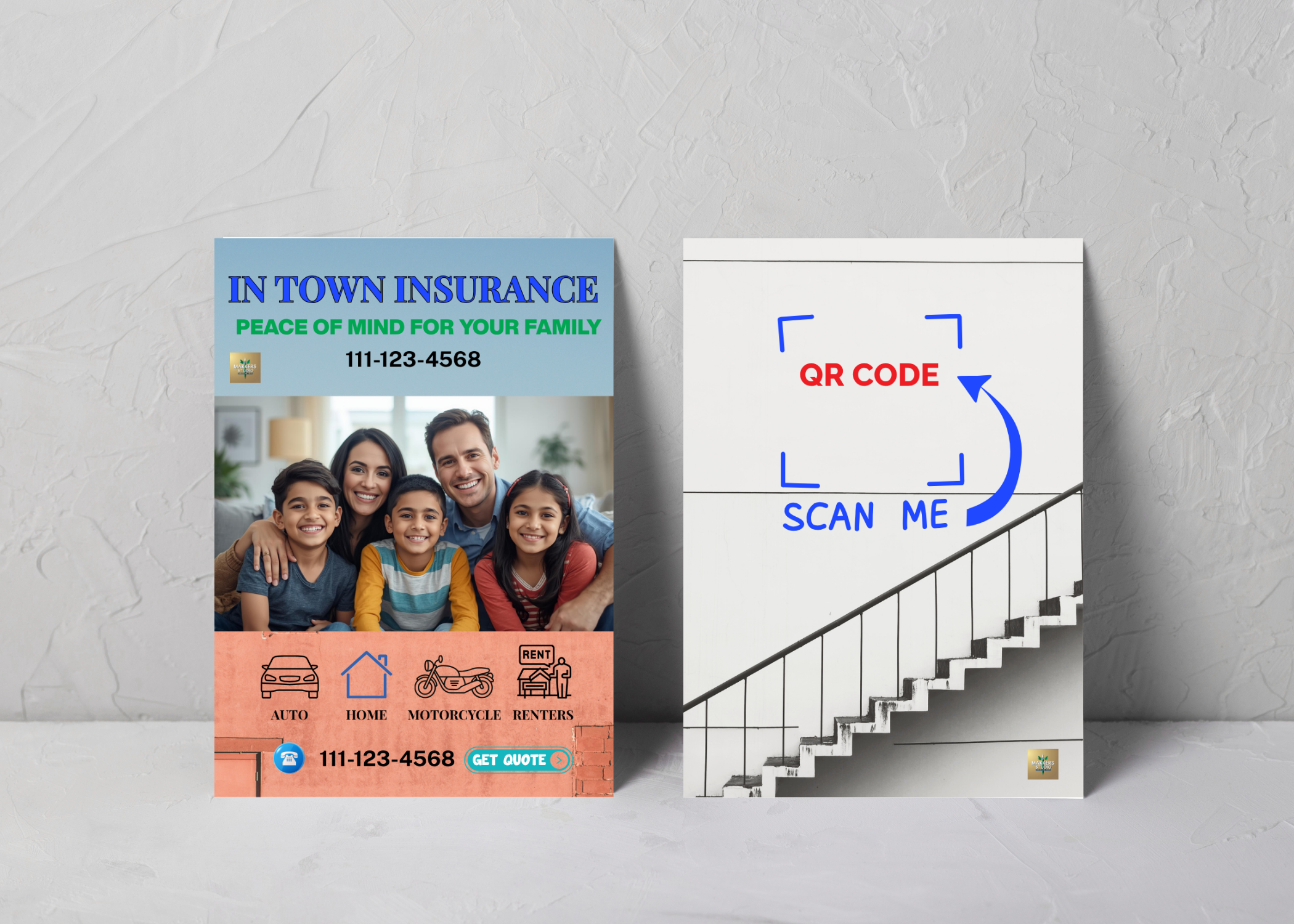 In-town Insurance flyer with family photo and QR code on a gray surface