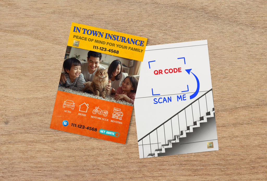 In Town Insurance flyer with QR code on a wooden surface