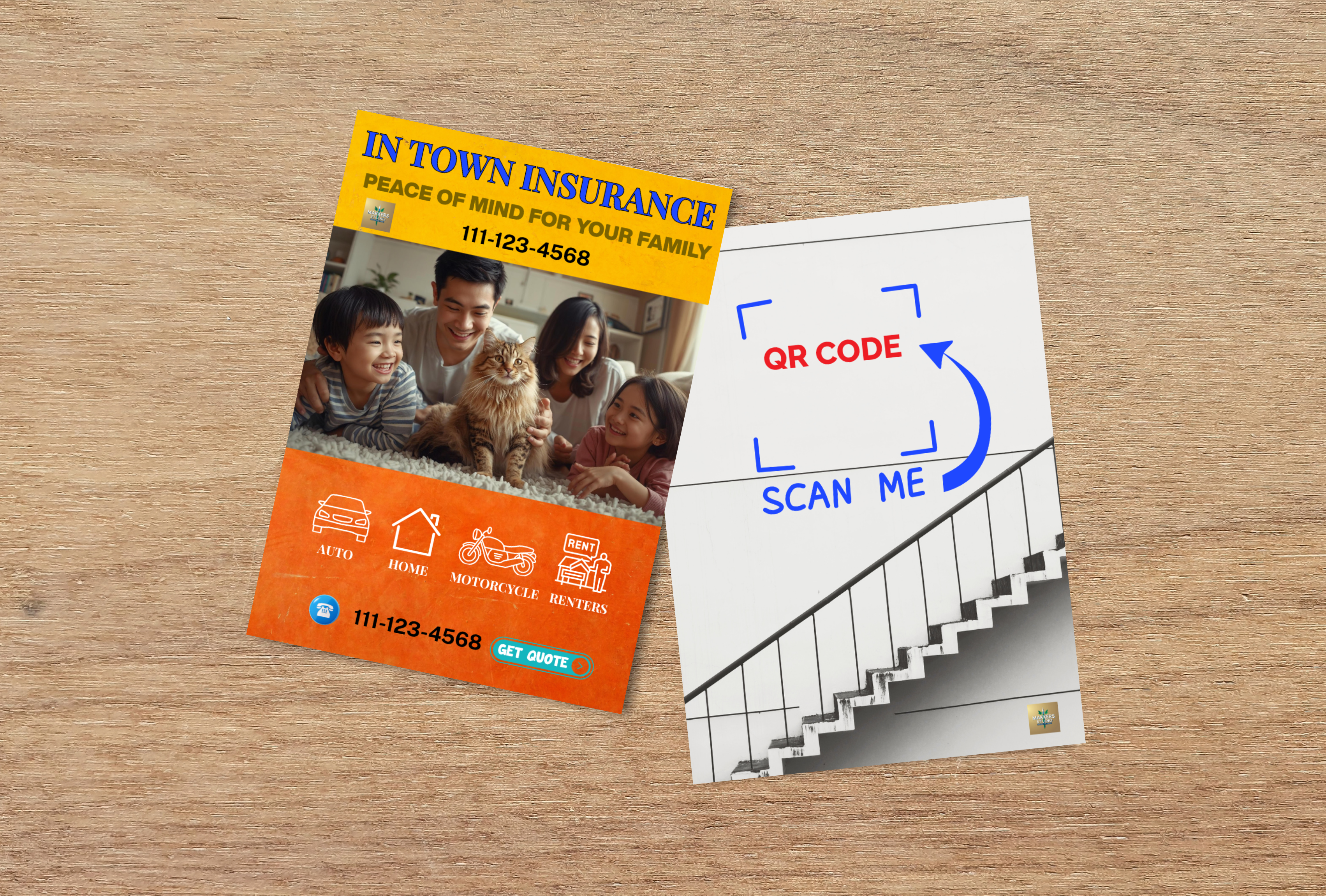 In Town Insurance flyer with QR code on a wooden surface