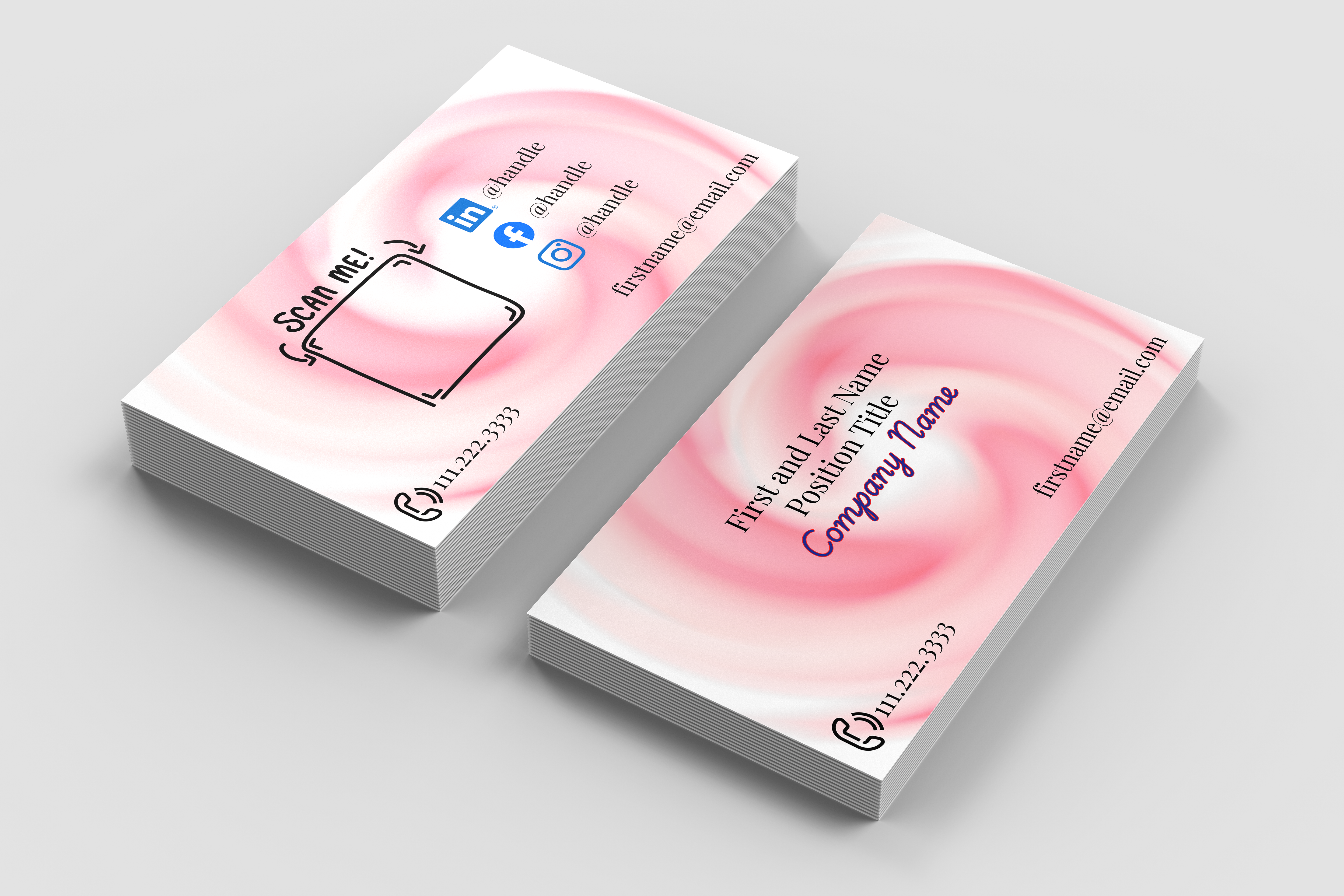 Two business cards with a pink design on a gray background