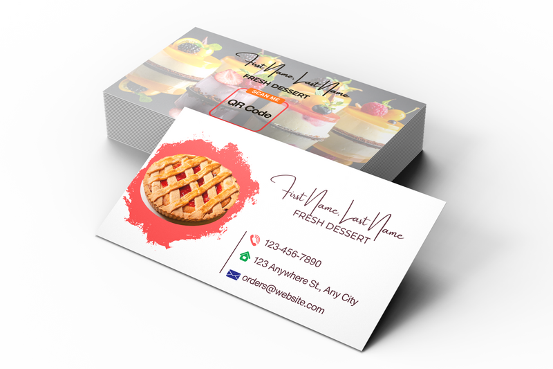 Business card with pie design and contact information on a white background
