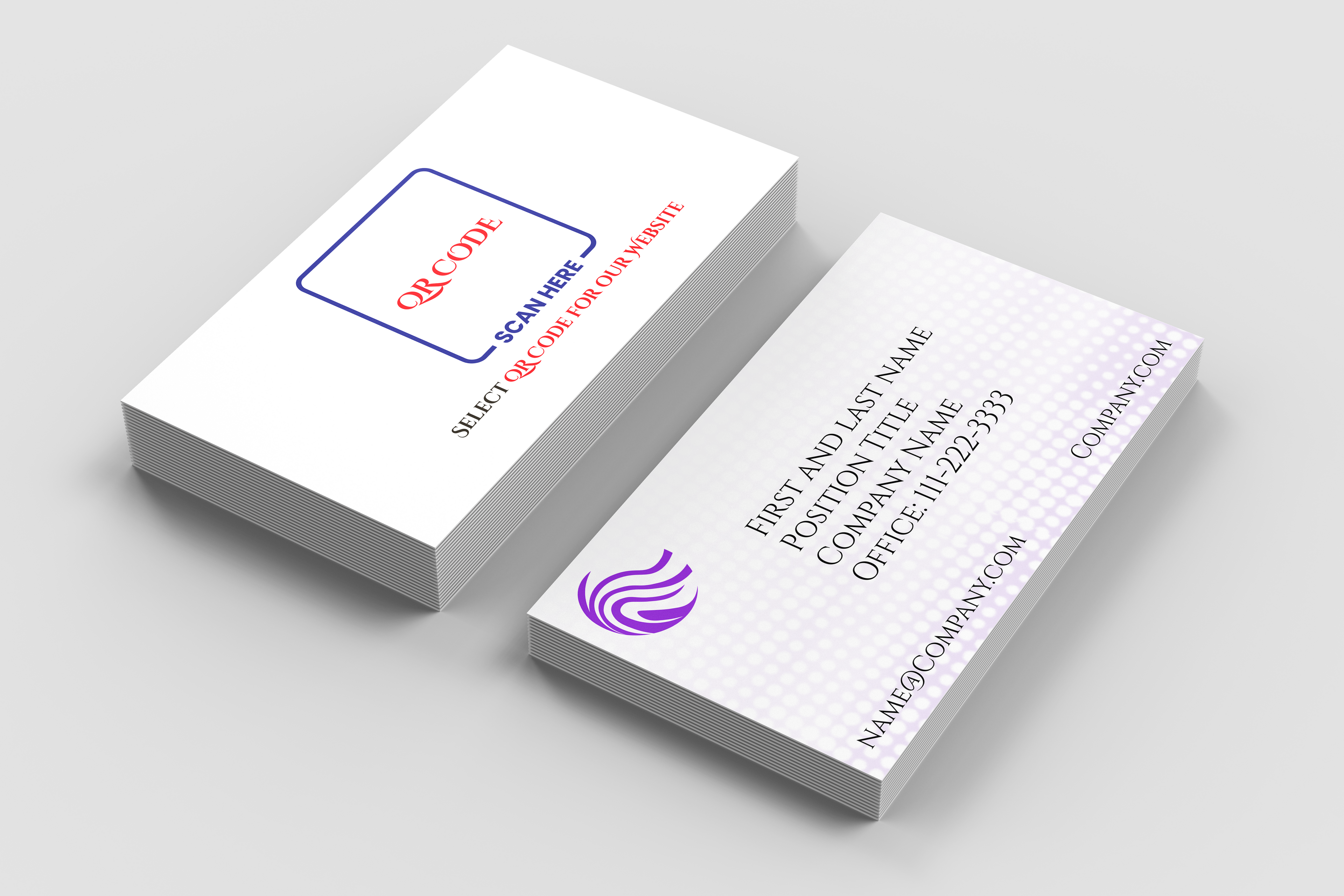 Two business cards with logos and text on a light gray background