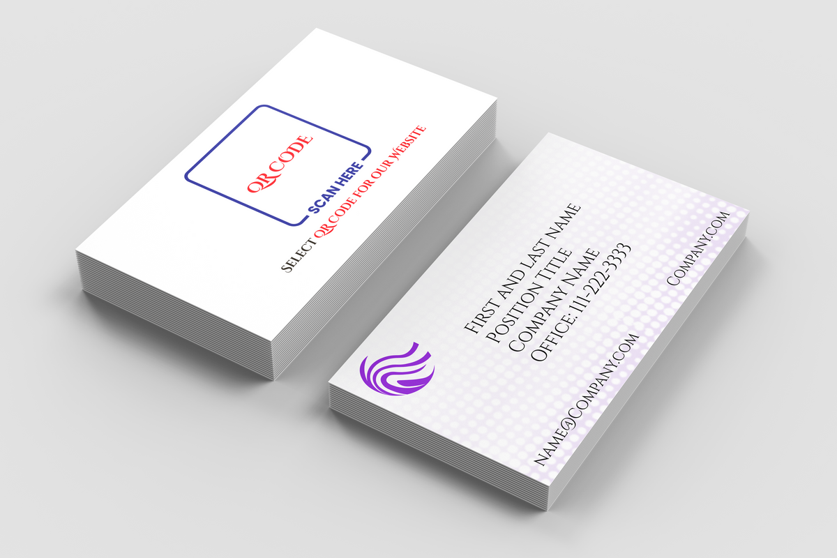 Two business cards with logos and text on a light gray background