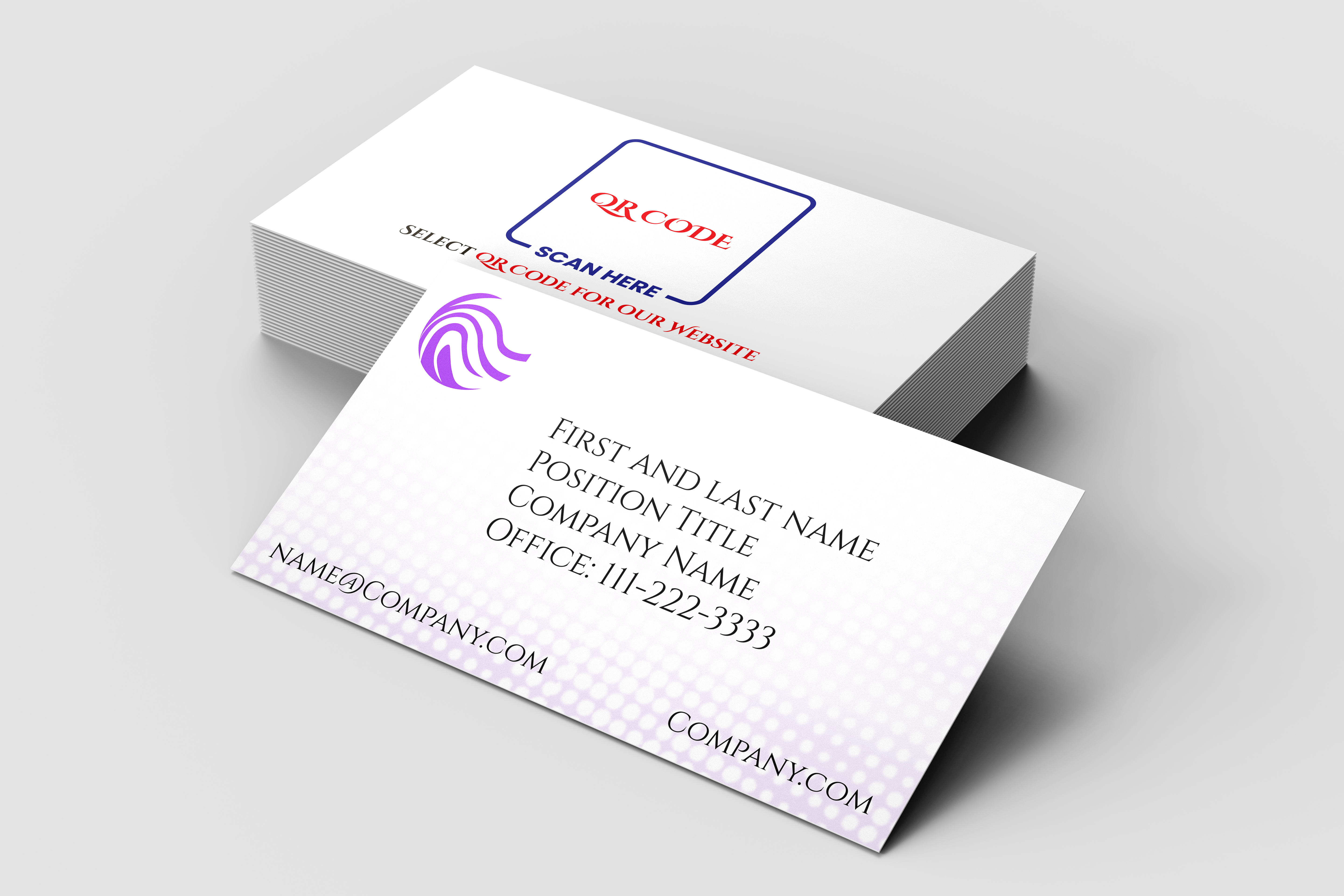 White business card with QR code and placeholder text on a gray background