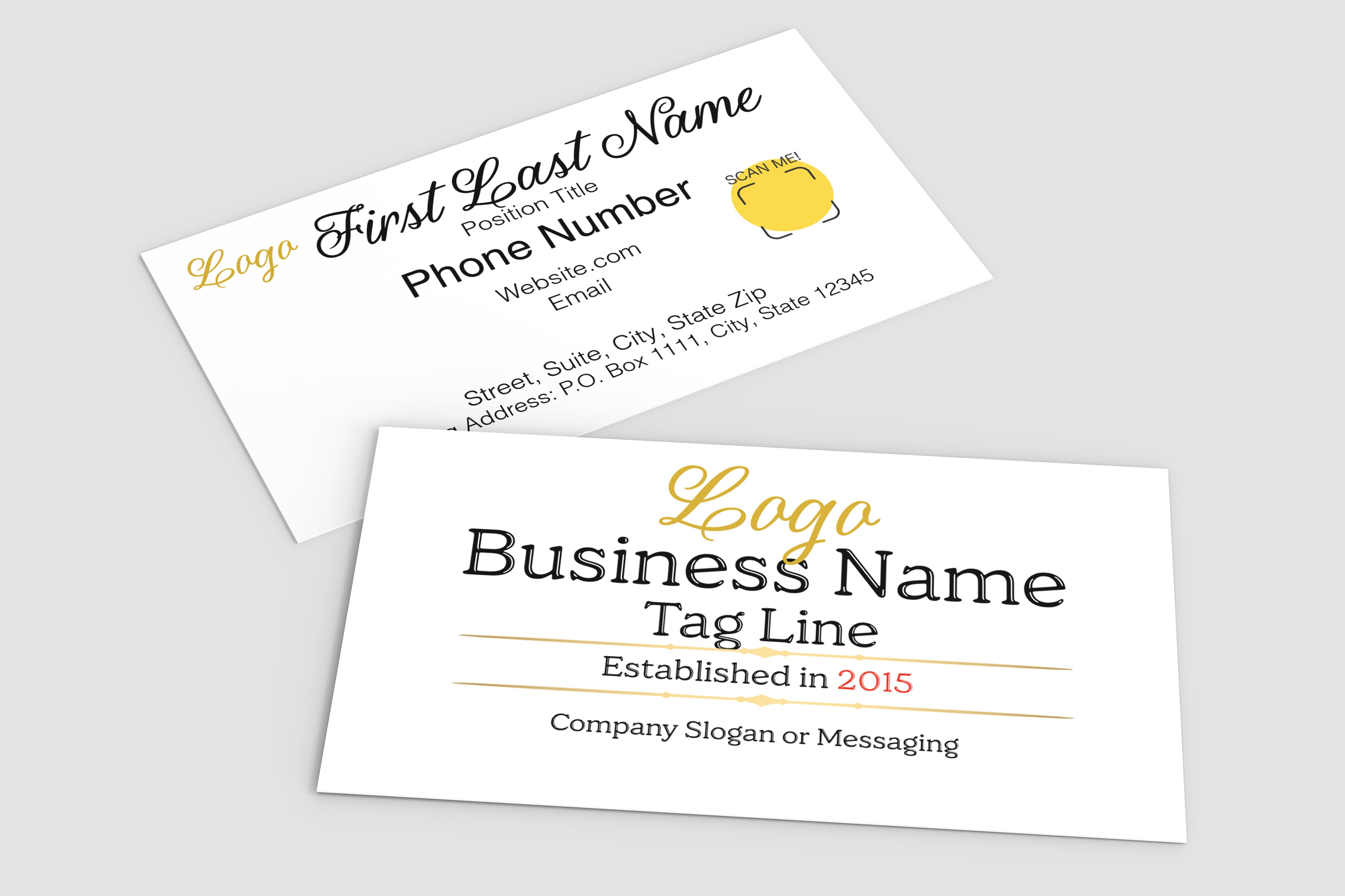 Two white business cards with black and gold placeholder text, shown on a light gray background.