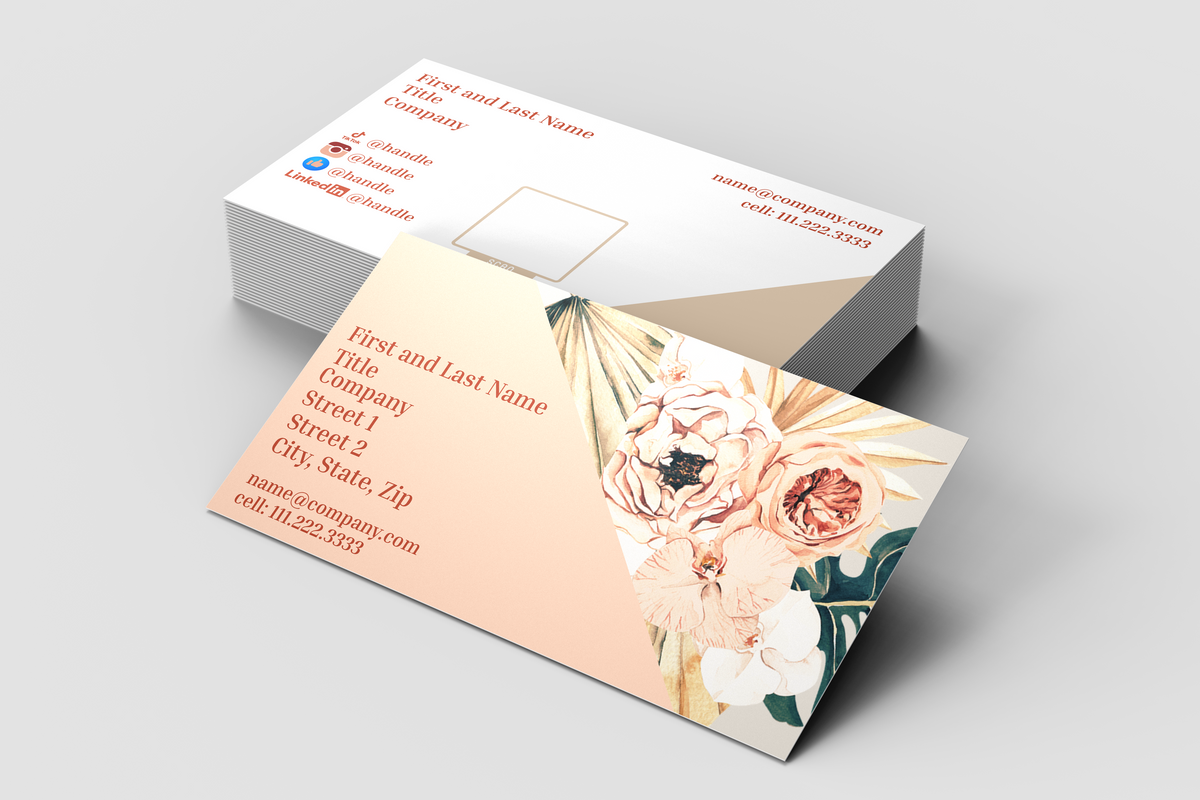Floral business card with envelope on a light gray background