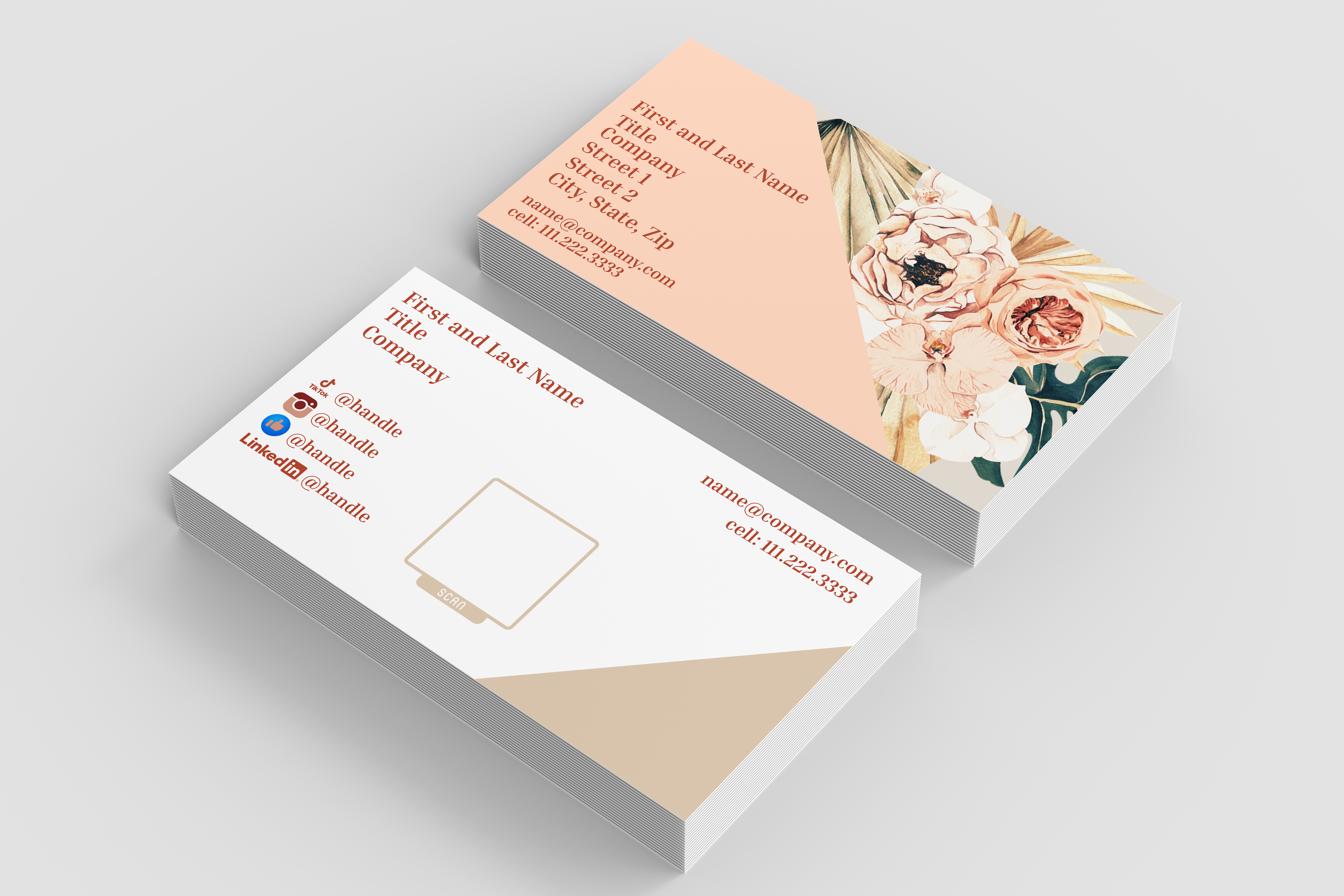 Two business cards on a light gray background, one with floral design and text, the other plain.
