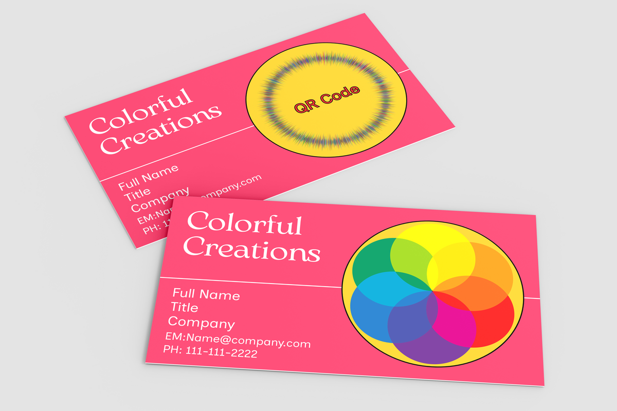 Two pink business cards with colorful design elements on a light gray background