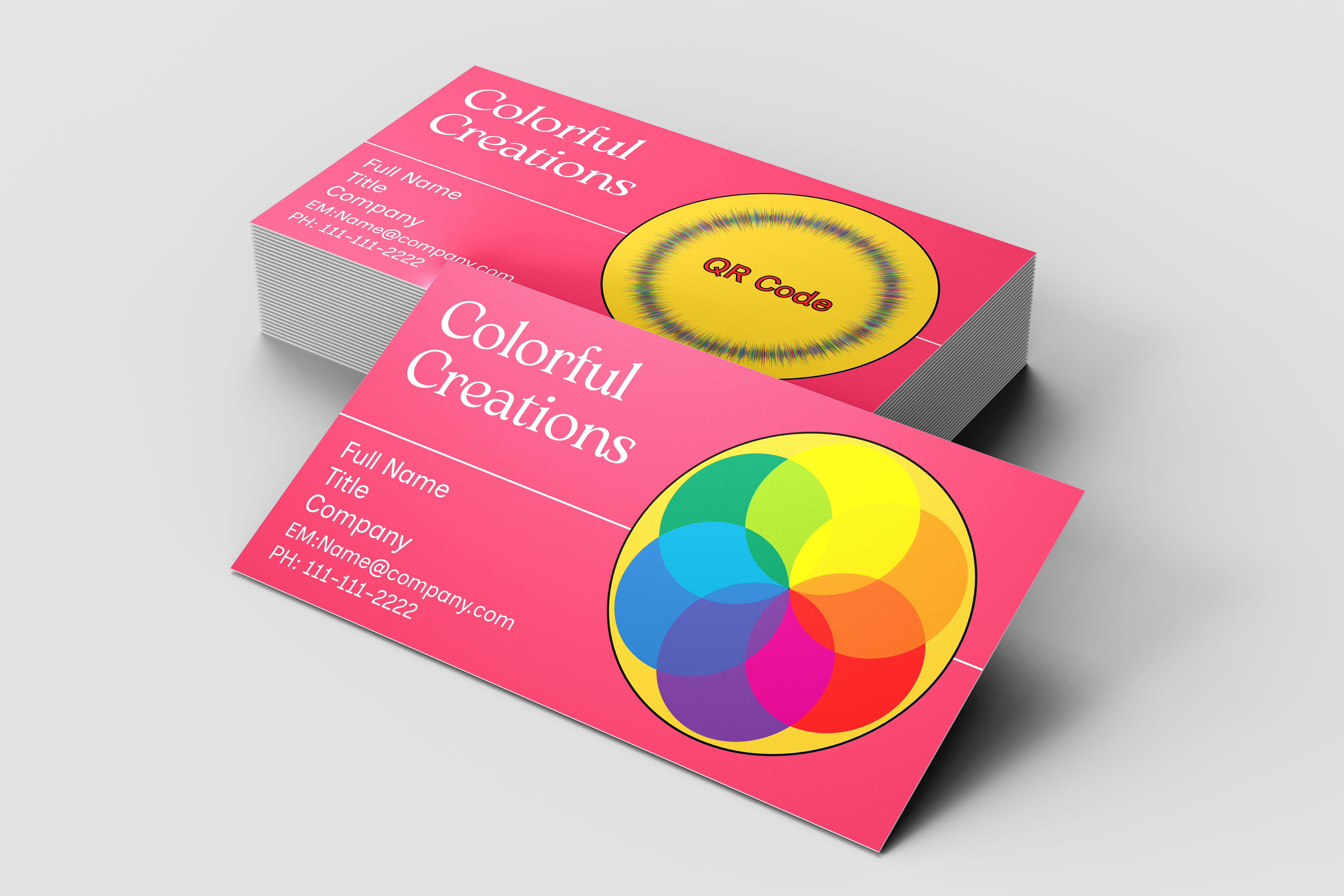 Colorful business cards with 'Colorful Creations' branding on a gray background