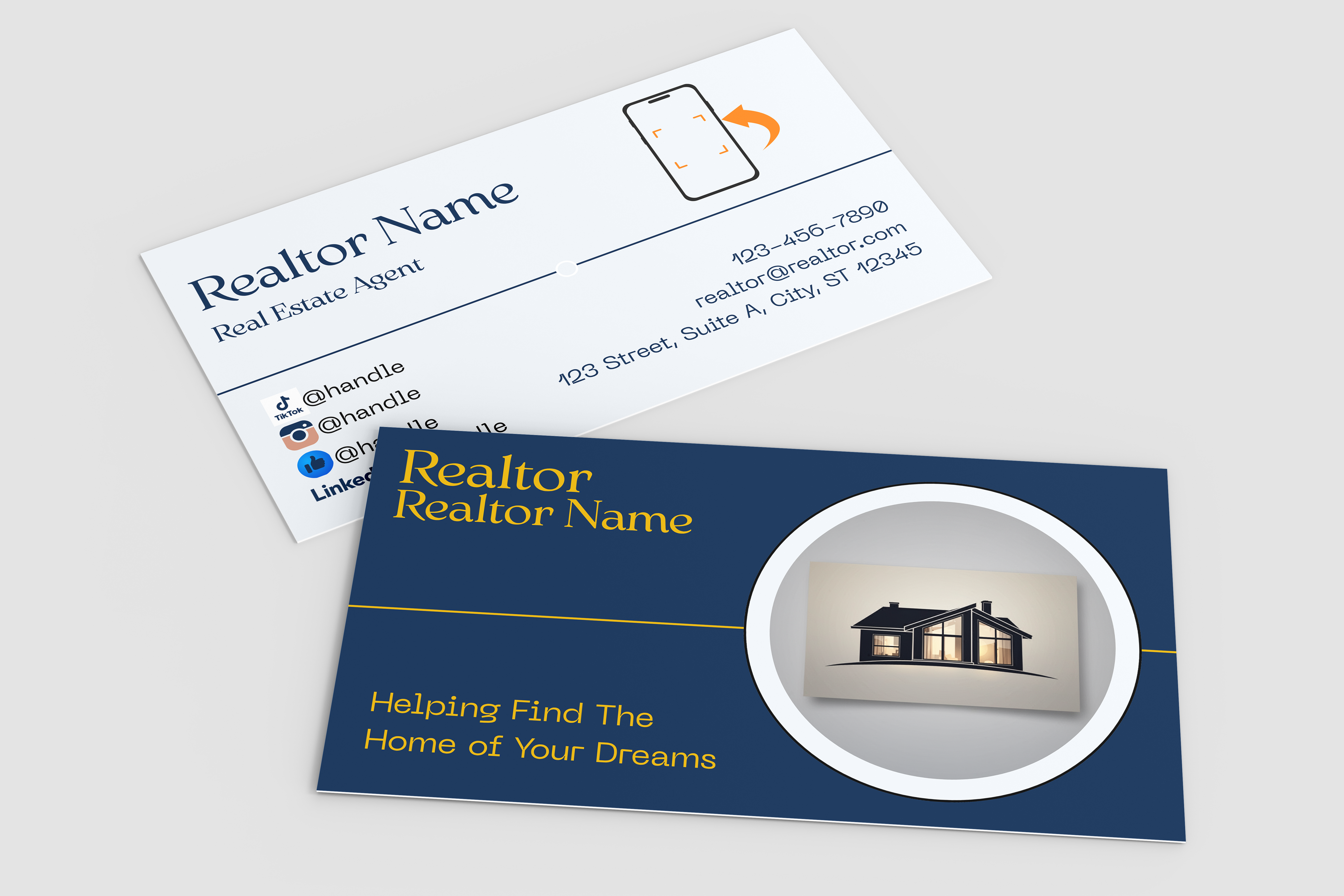 Real estate agent business cards with contact information and a house illustration on a white background