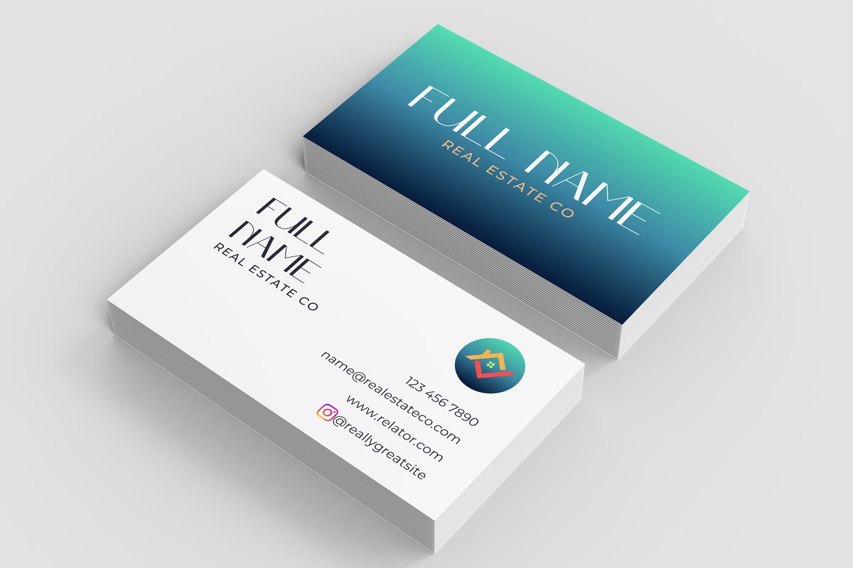 Two business cards for 'FULL NAME Real Estate Co' on a light gray background
