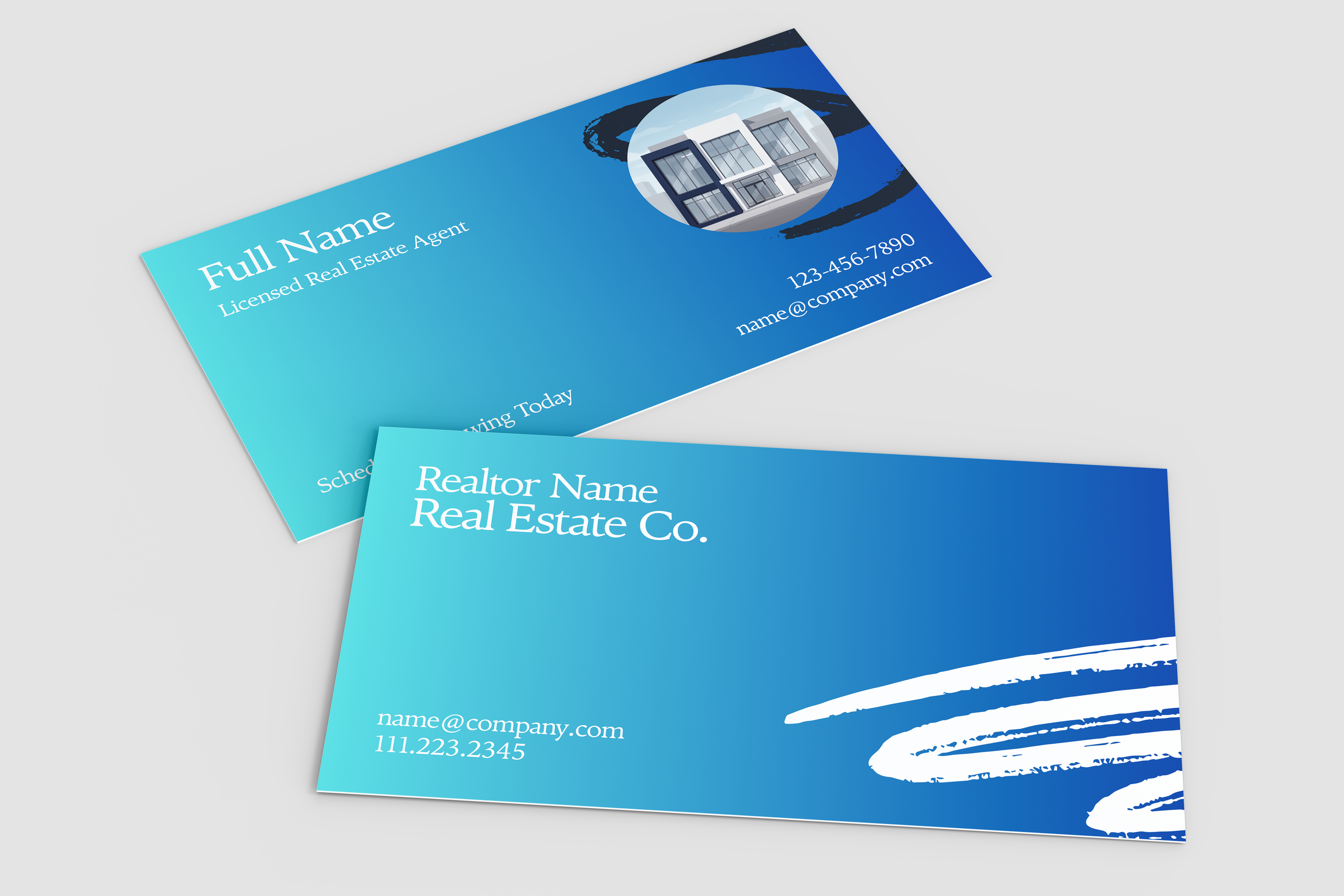 Two blue business cards with real estate agent information on a light gray background