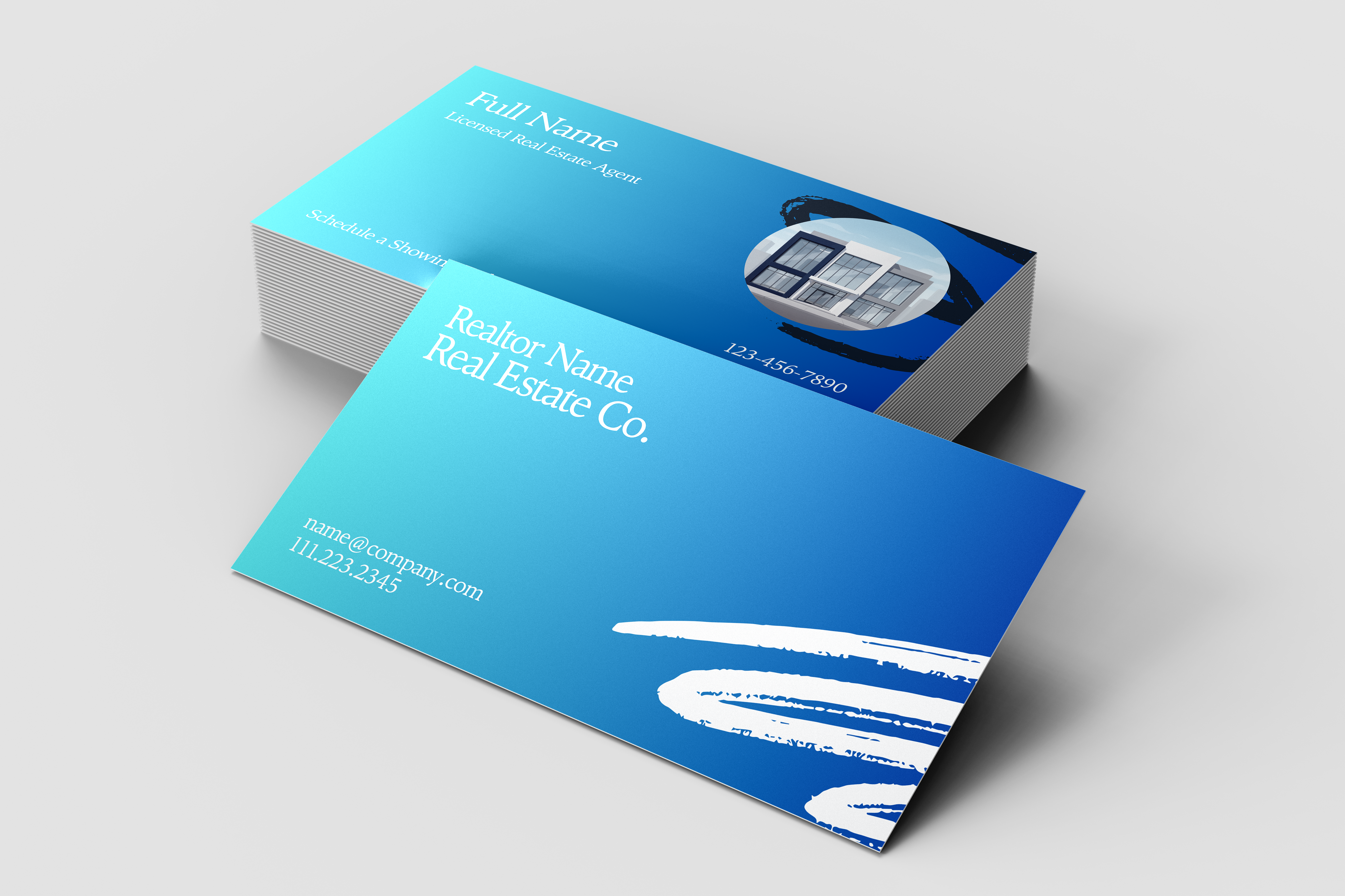 Blue business card with white text on a gray background