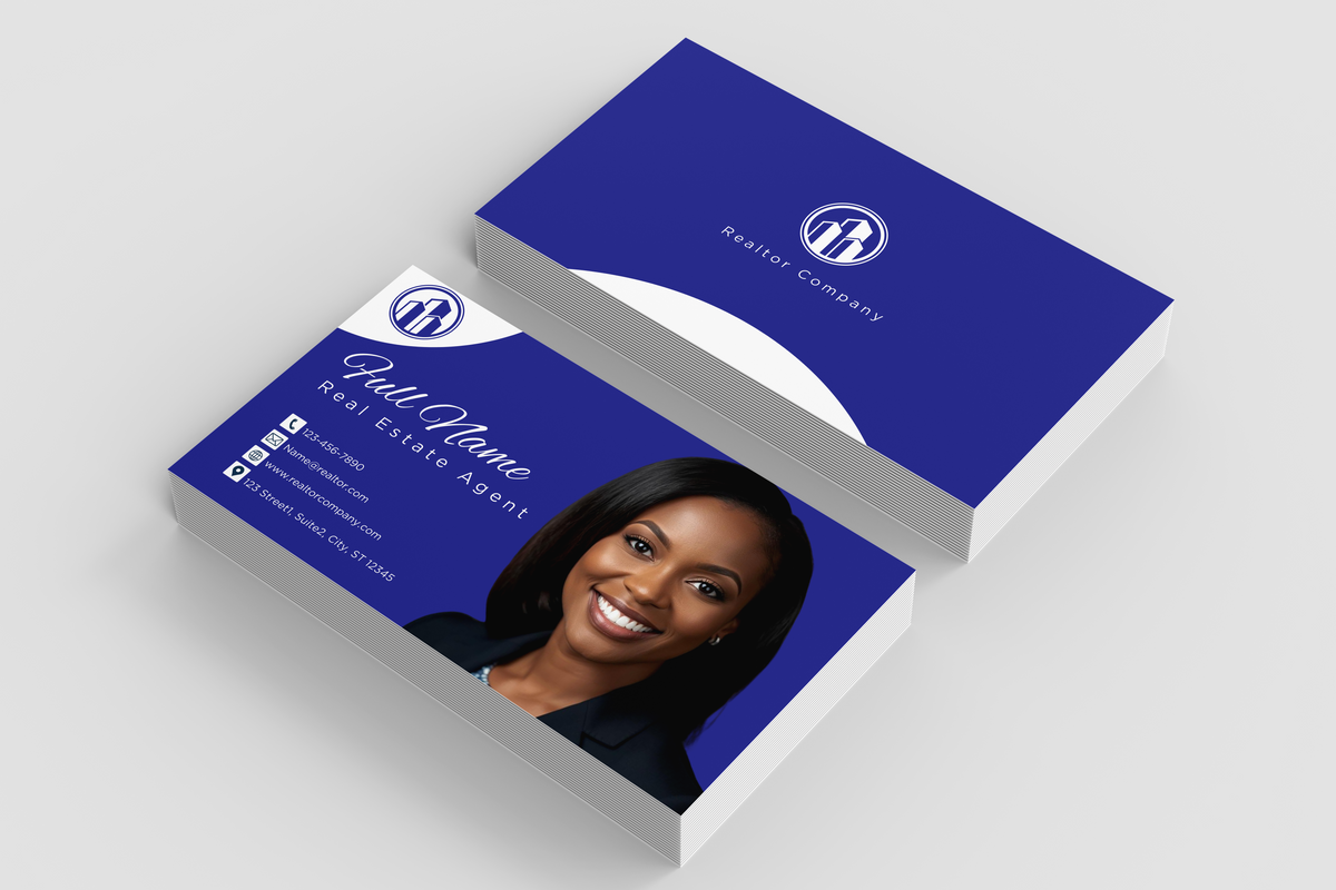 Real estate agent business card with a photo of a woman on a blue and white background