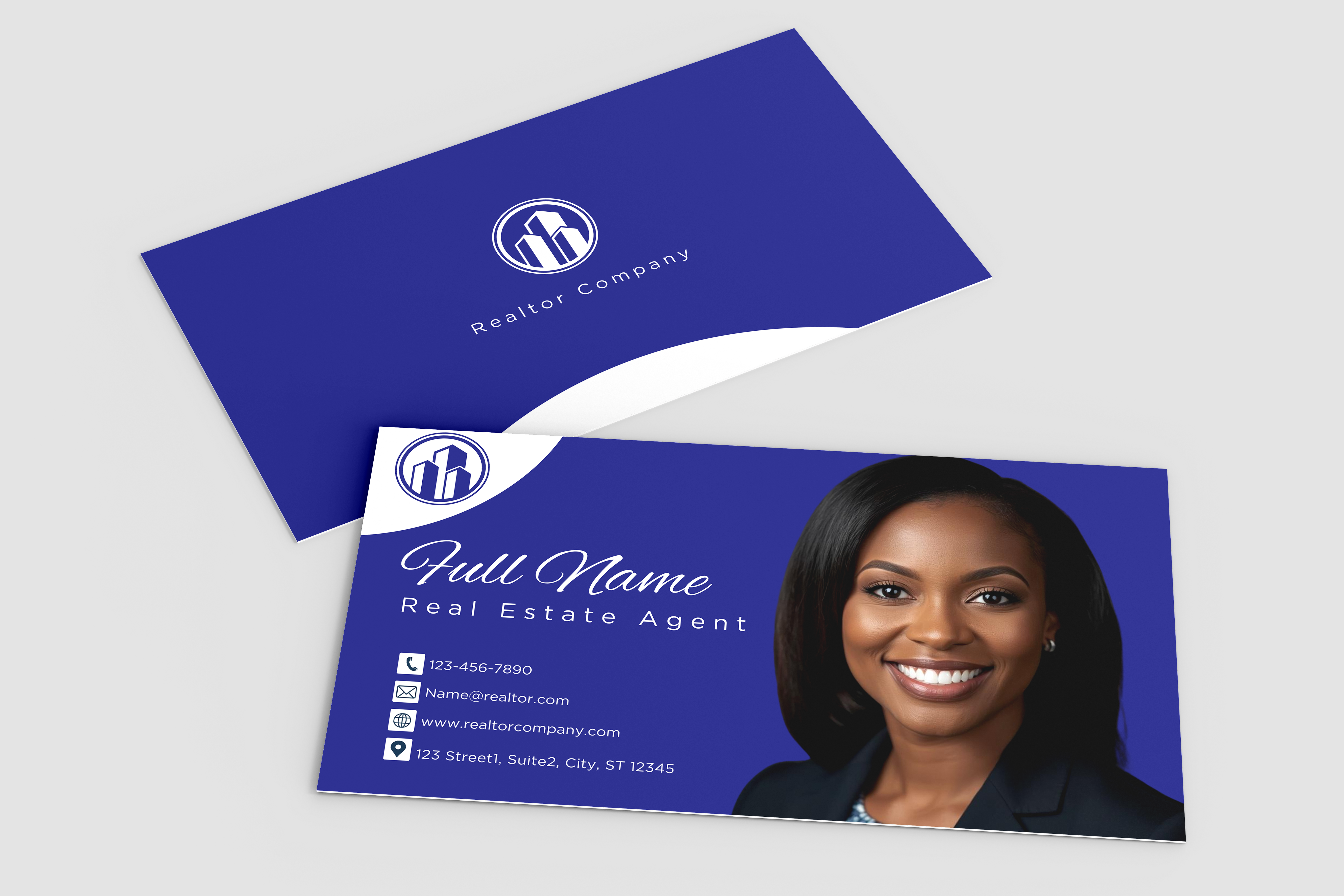 Real estate agent business card with a photo of a woman on a blue background