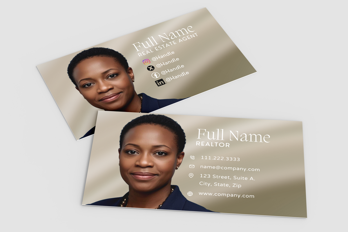 Two business cards with a person's photo and contact information on a light gray background