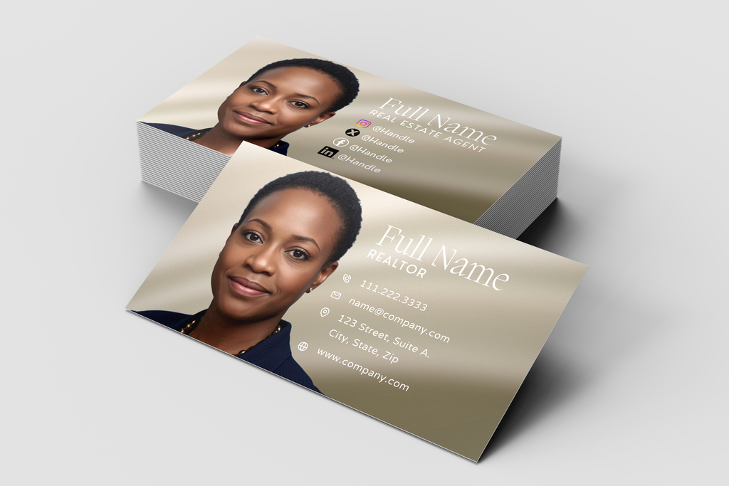 Two business cards with a person's photo and contact information on a light gray background