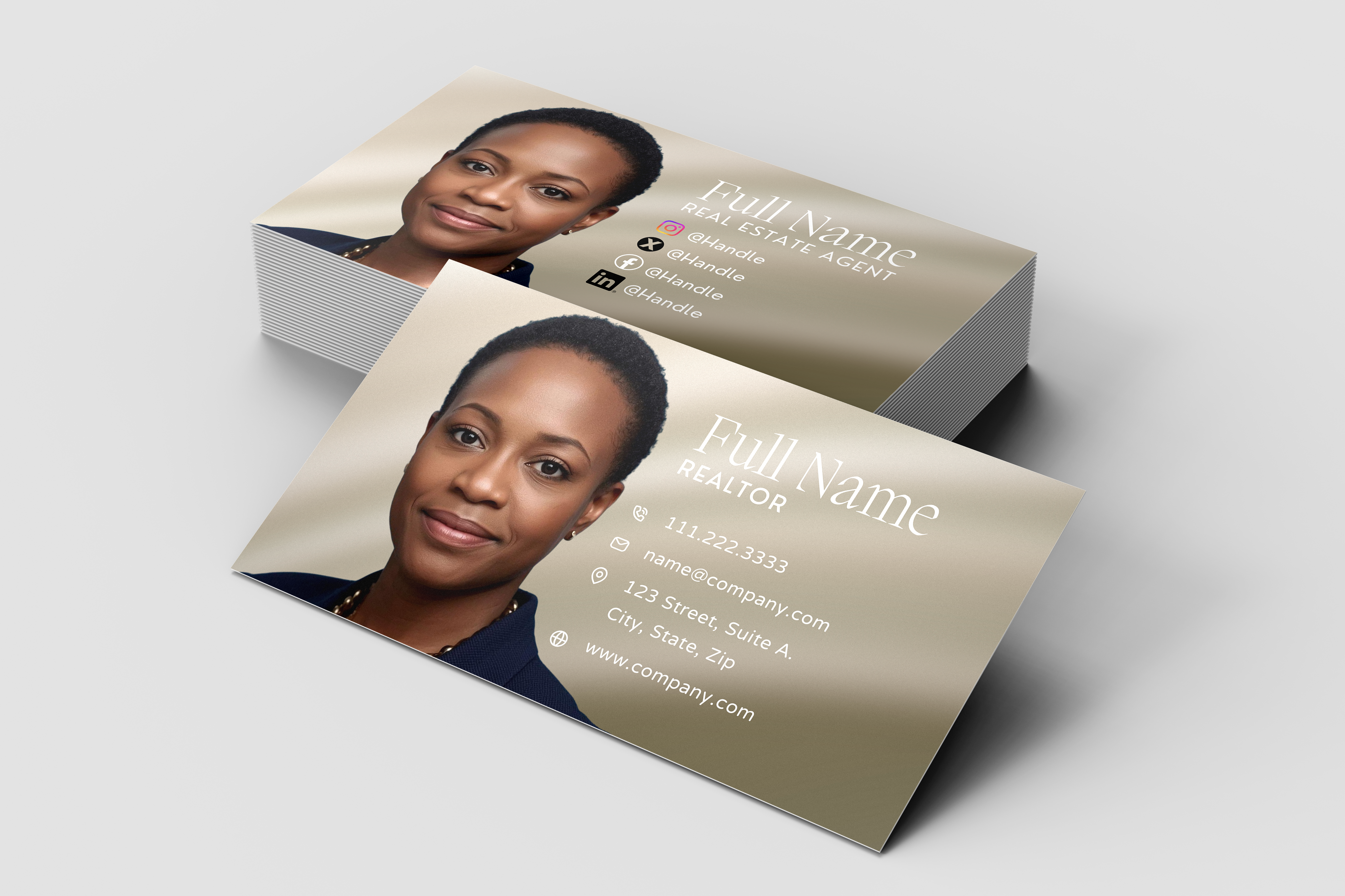 Two business cards with a person's photo and contact information on a light gray background
