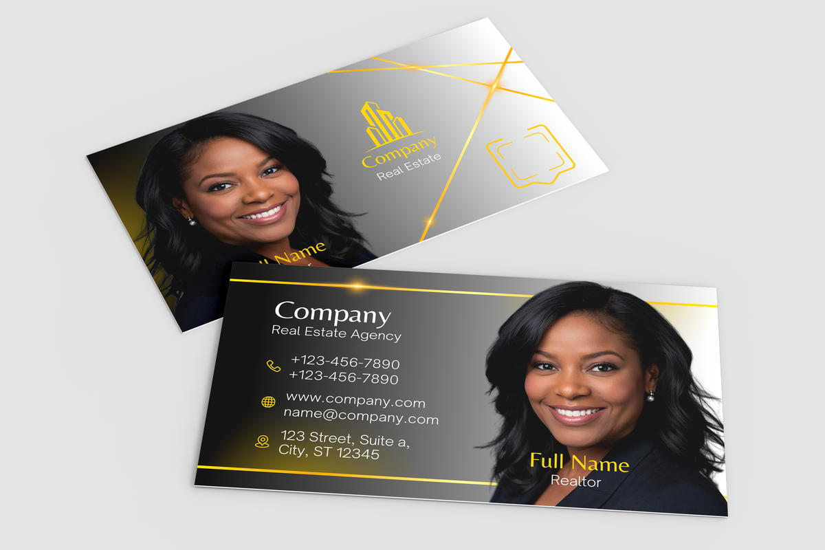 Real estate business card with a photo of a woman and contact information on a white background