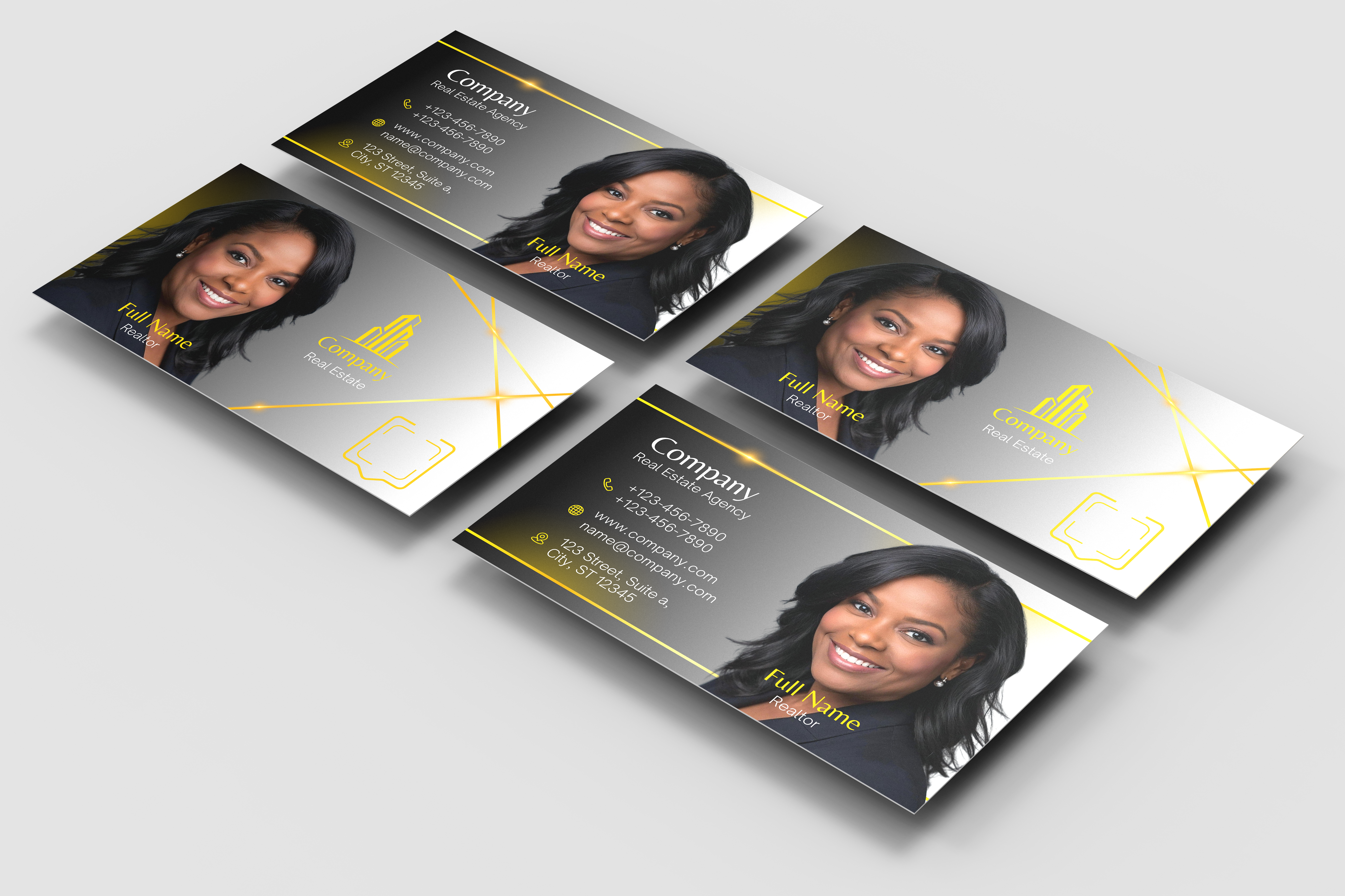 Four business cards with a woman's face on a light gray background