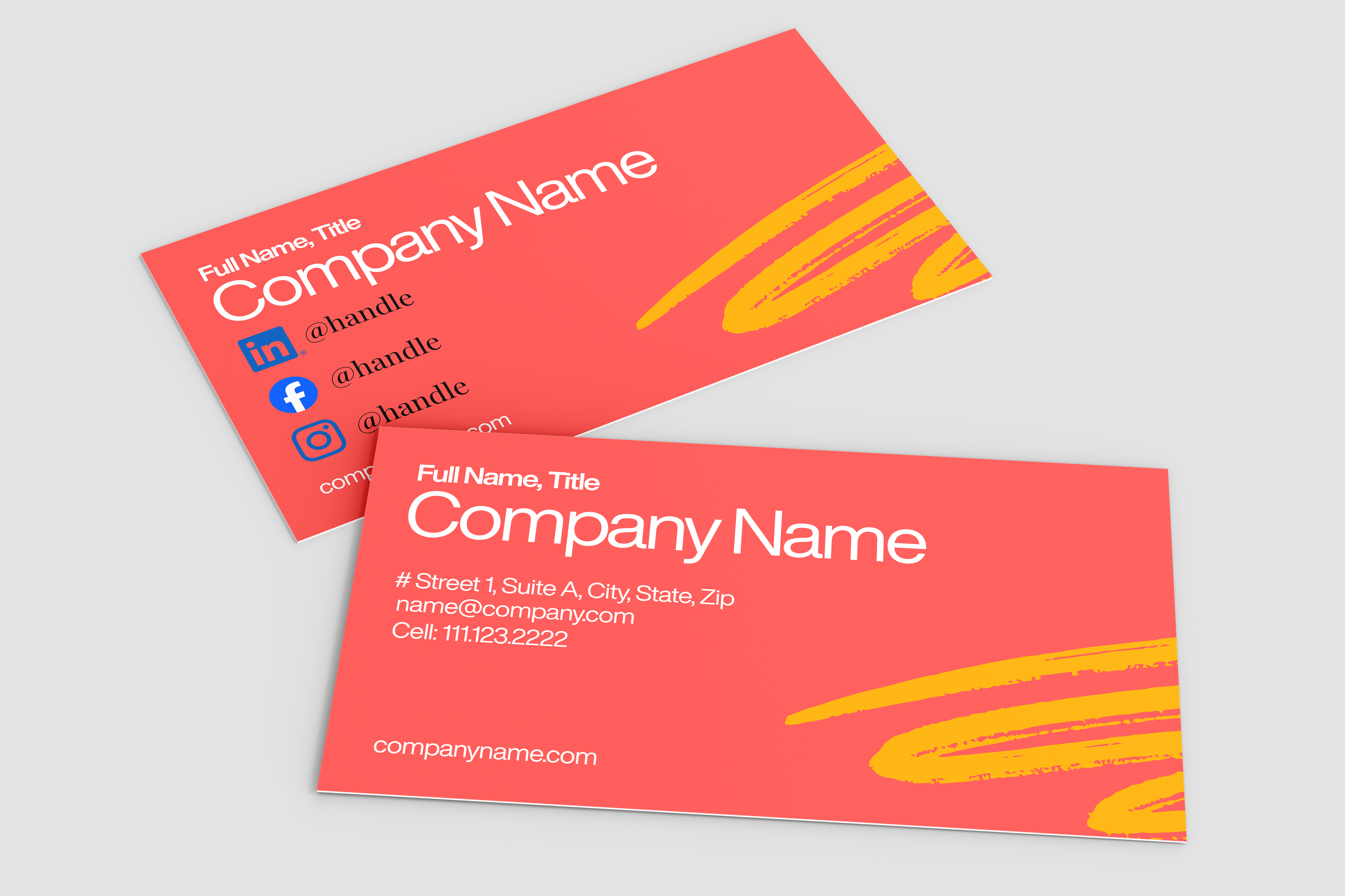 Two red business cards with yellow accents on a light gray background