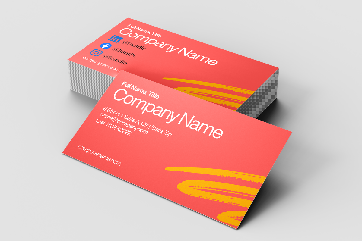 Red business card with yellow accents on a white background