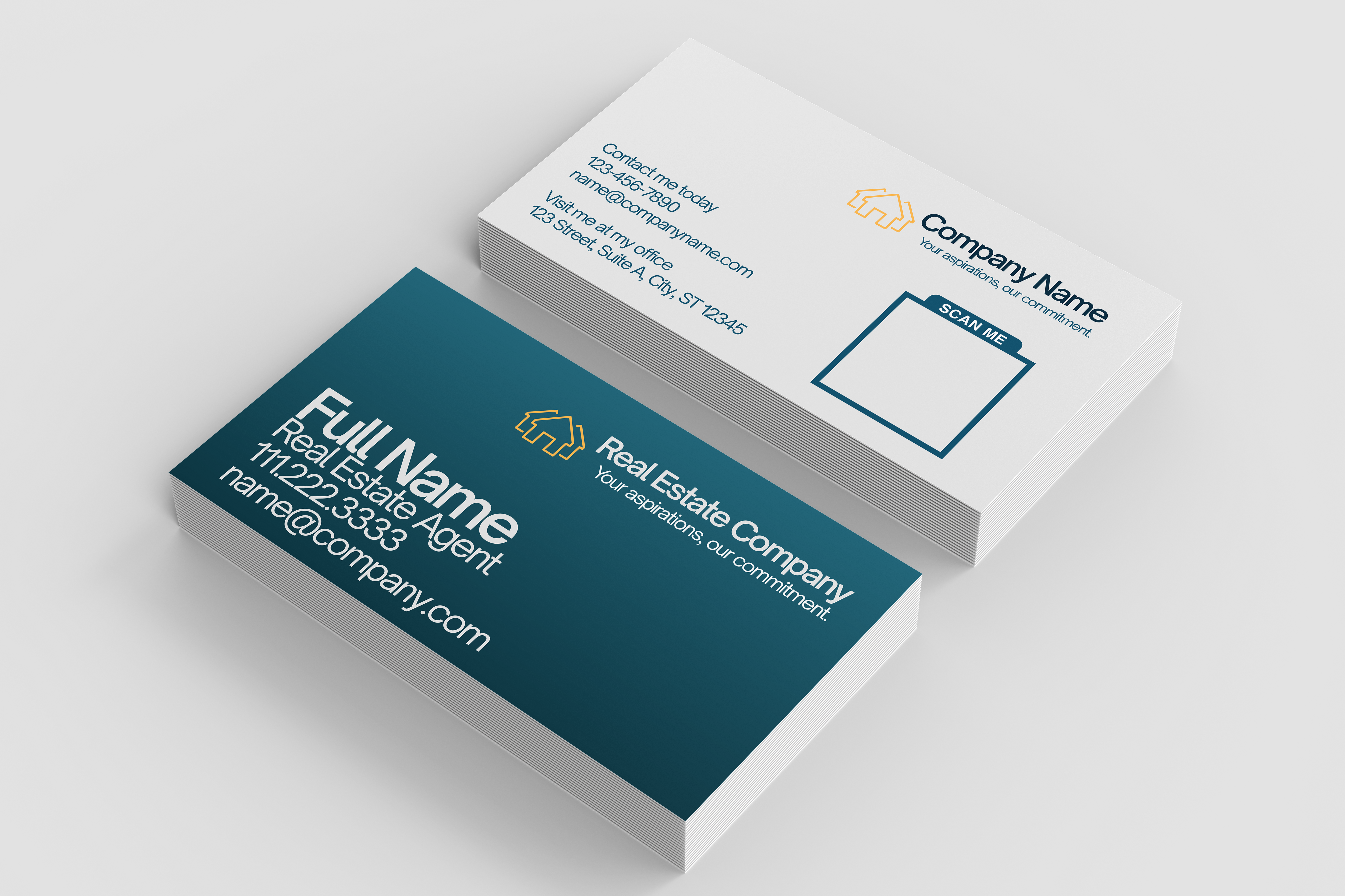 Two business cards with real estate agent and company branding on a light gray background