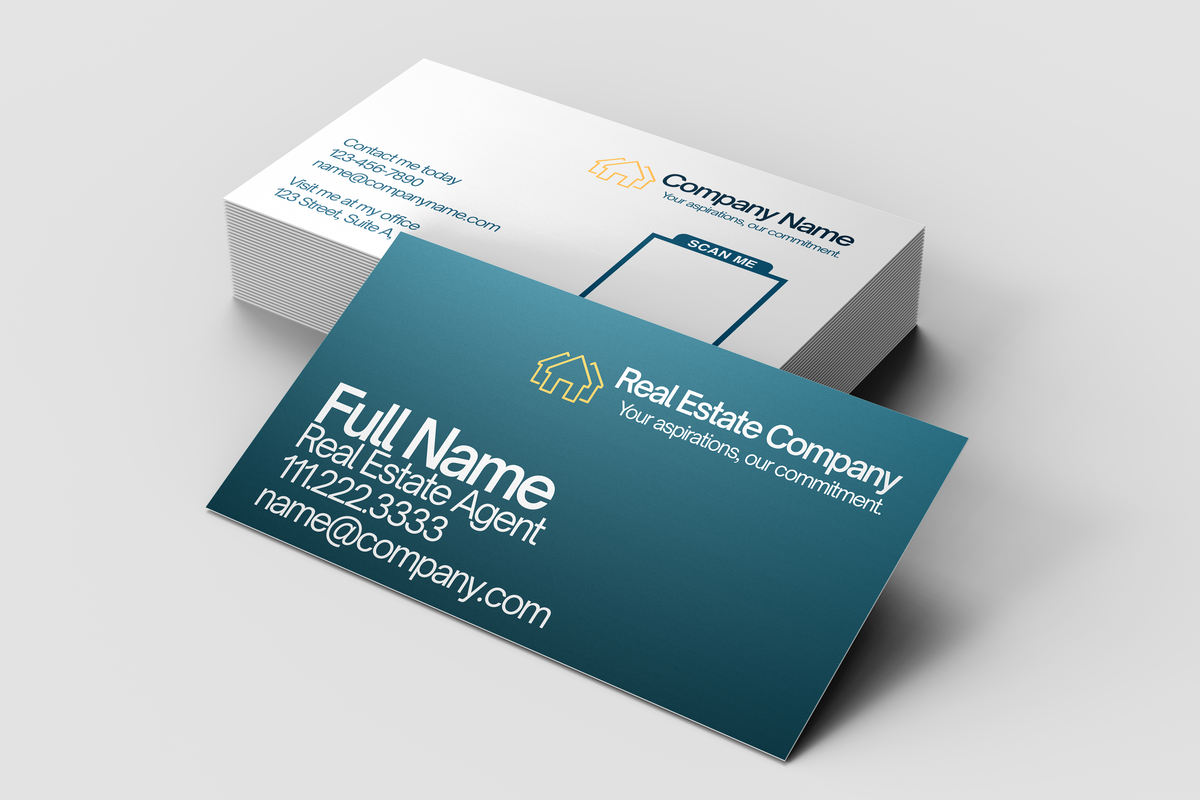 Real estate business card design with a blue and white color scheme on a gray background