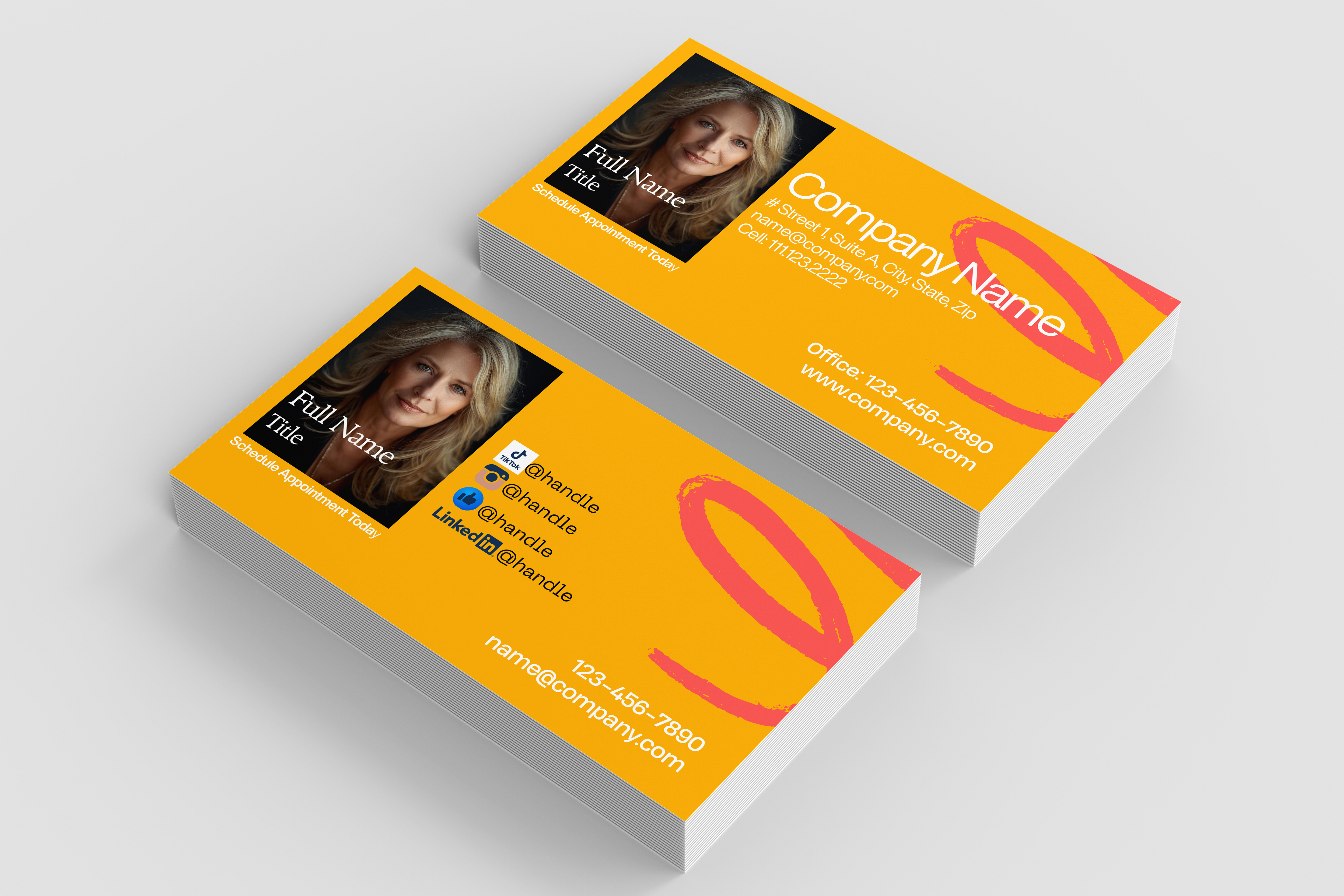 Two business cards with a company logo and contact information on a white background