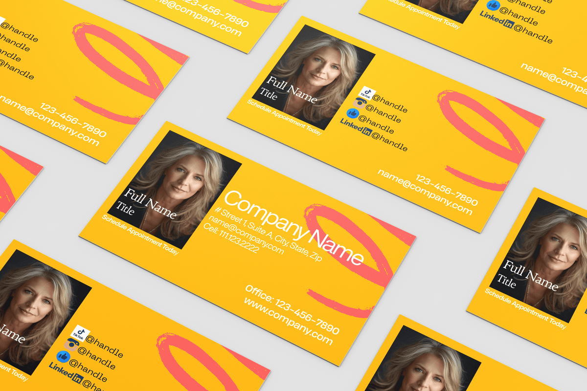 Yellow business cards with a logo and contact information on a white background