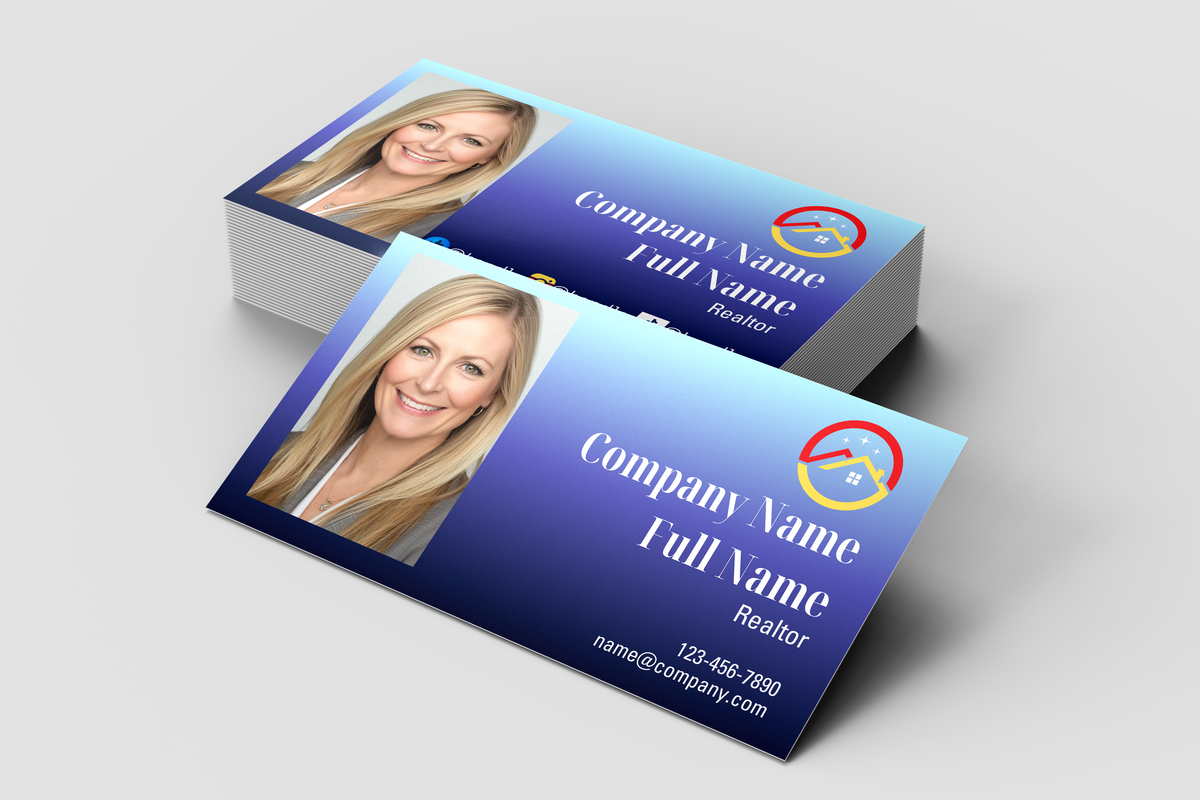 Two business cards with a photo of a woman and contact information on a gray background