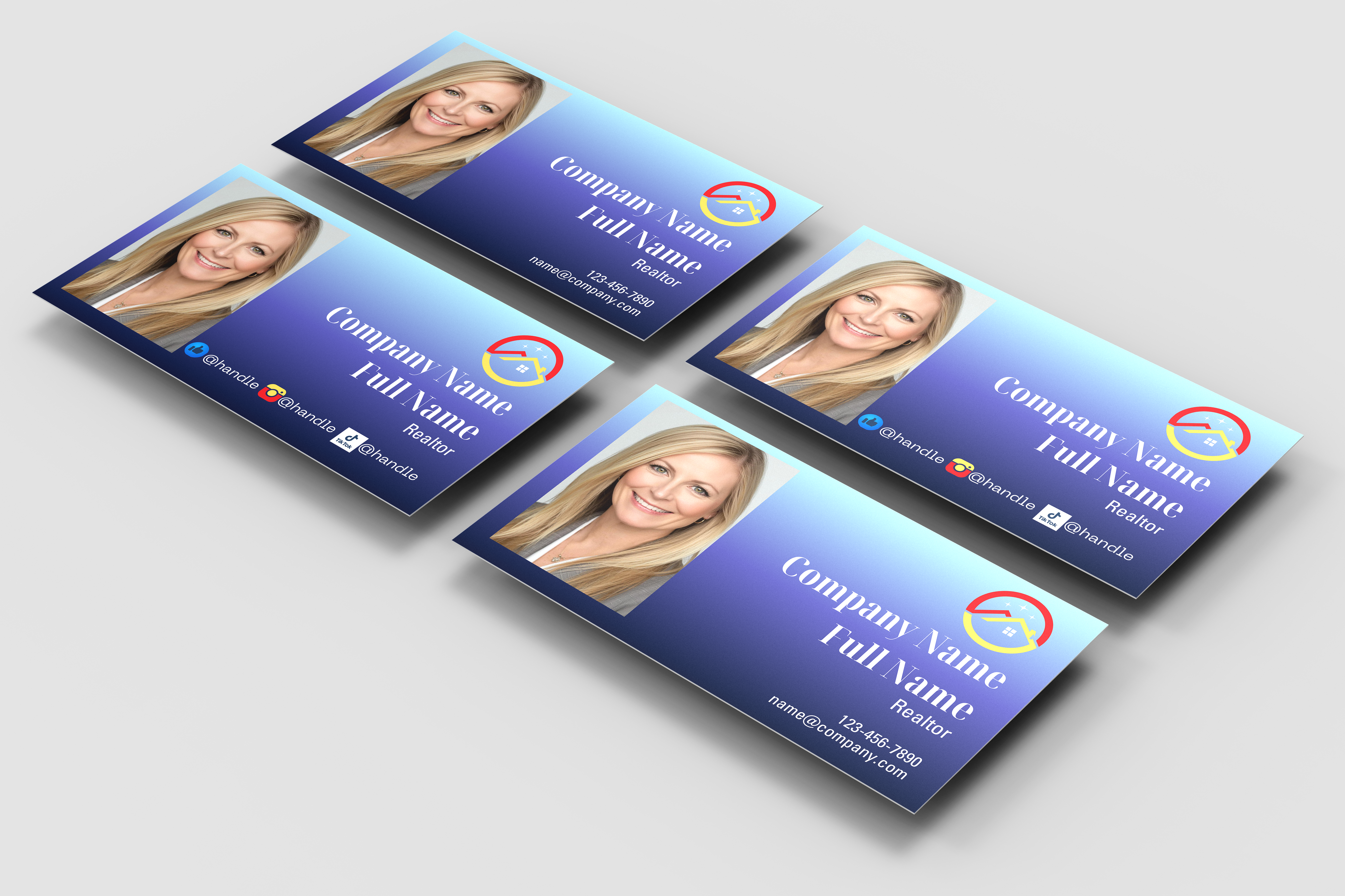 Set of business cards with a woman's face and company branding on a light gray background