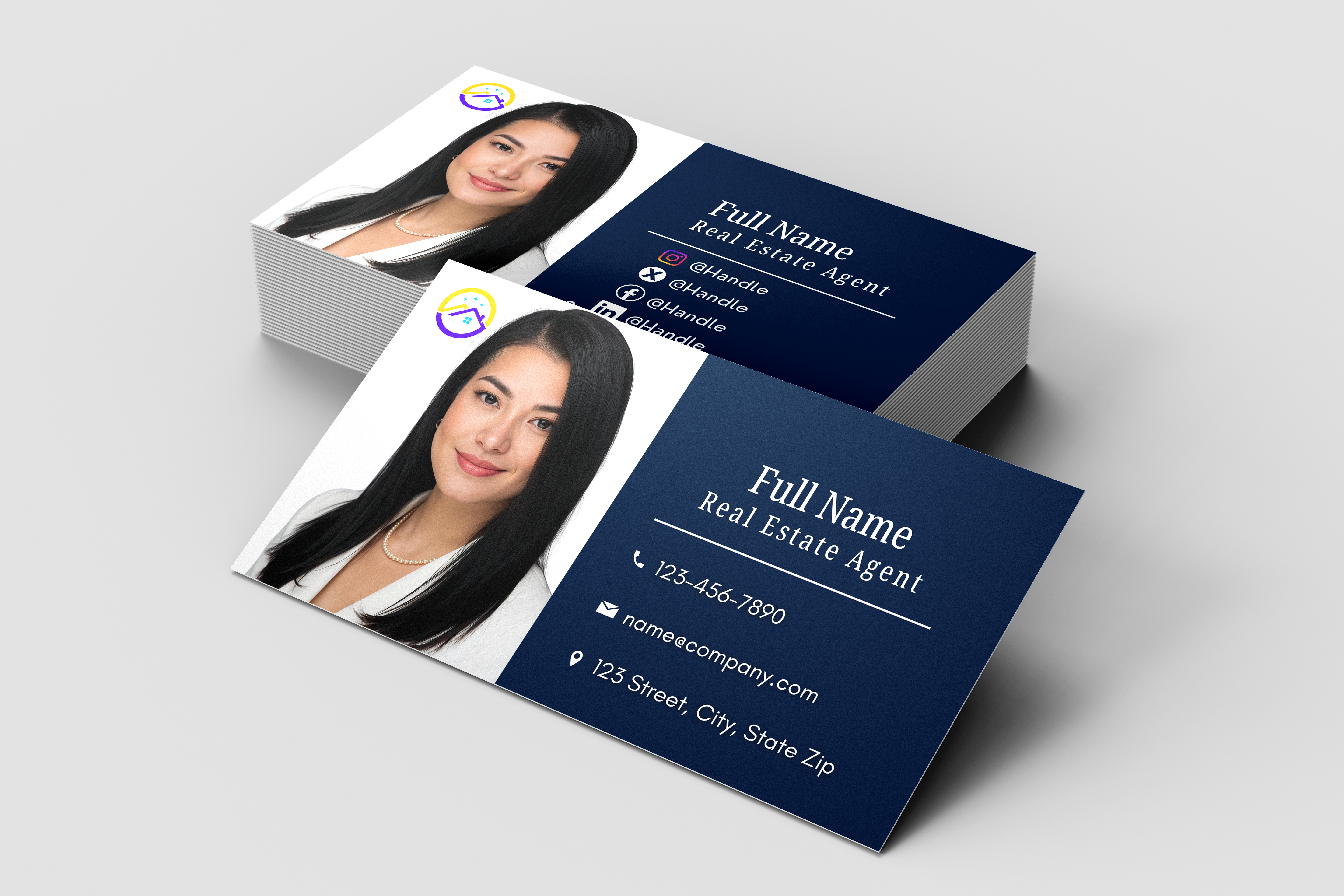Real estate agent business cards with a professional design on a light gray background