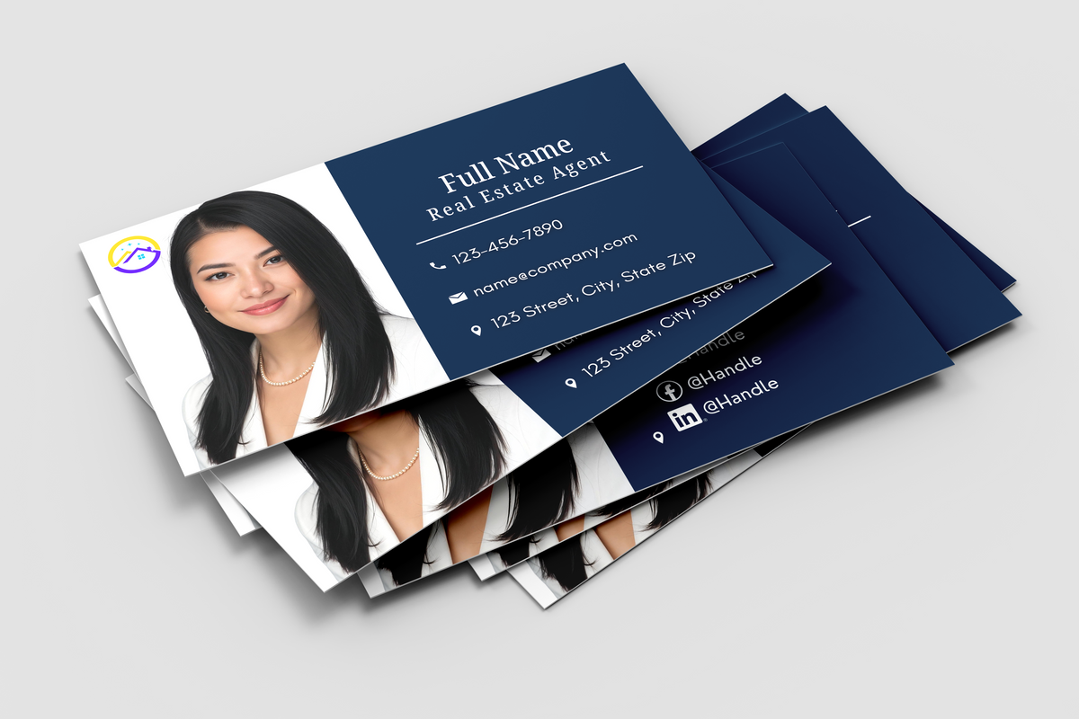 Real estate agent business cards with a photo of a woman on a gray background