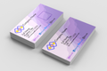 Two purple business cards with a logo and contact information on a light gray background