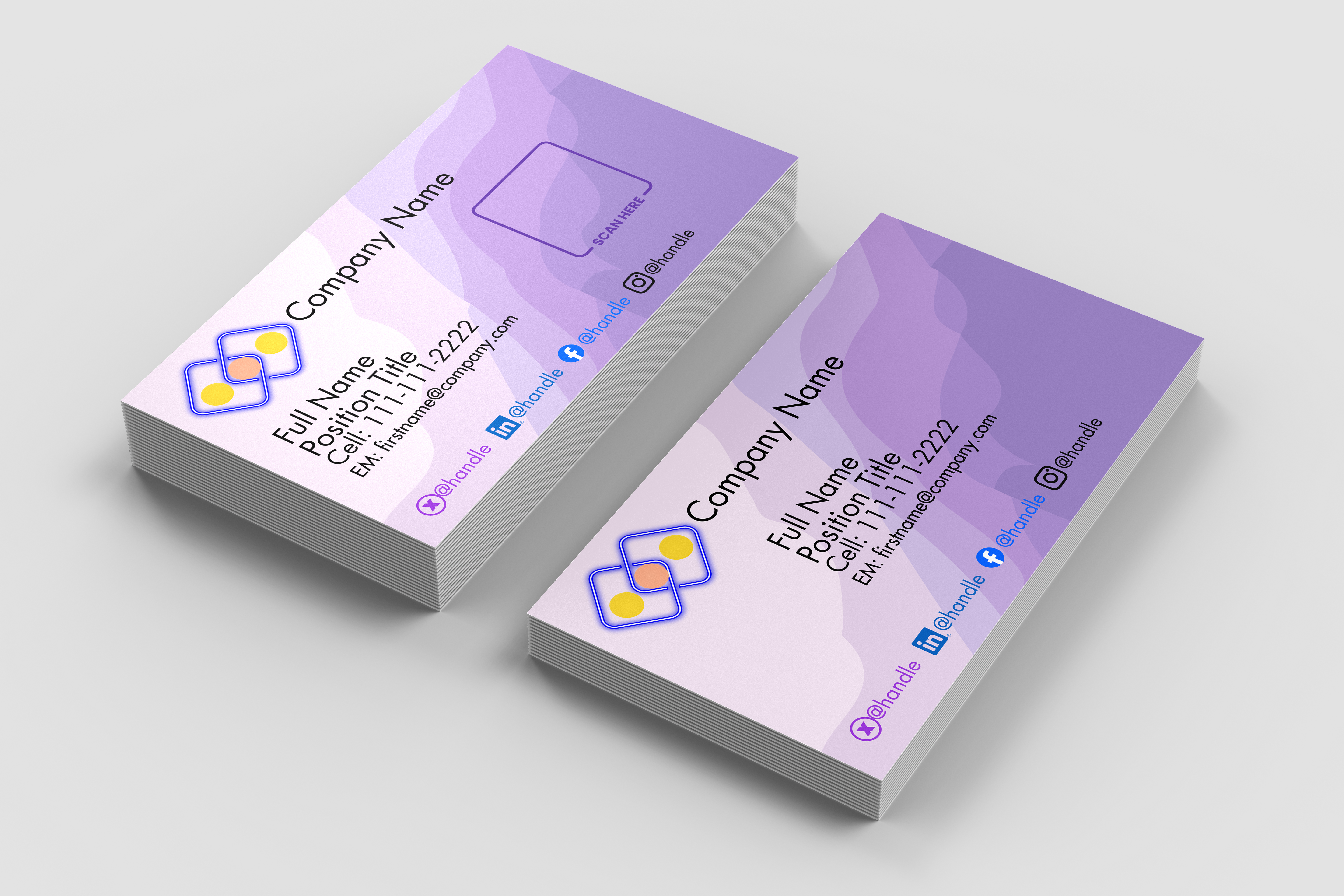 Two purple business cards with a logo and contact information on a light gray background