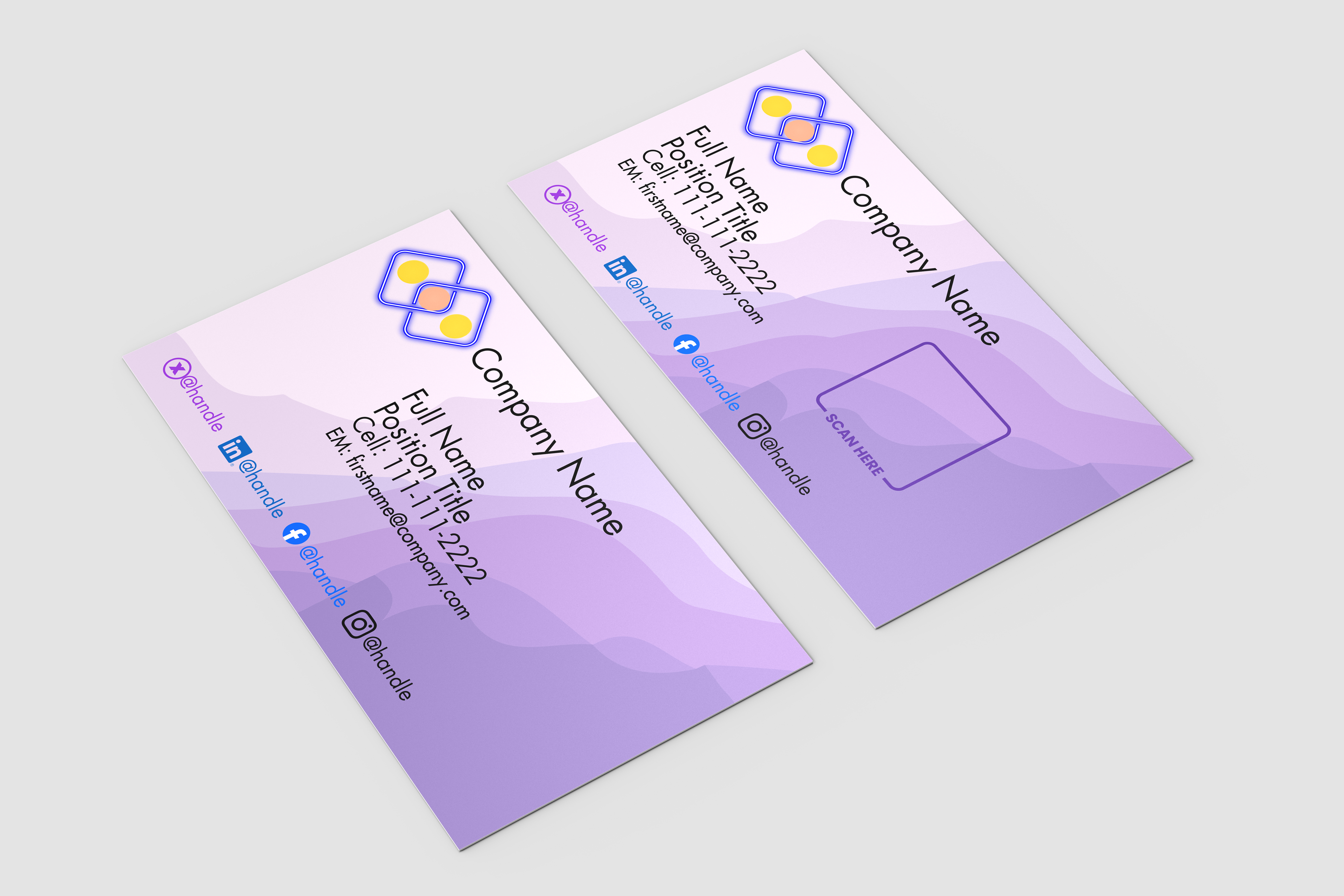 Two purple business cards with a logo on a light gray background