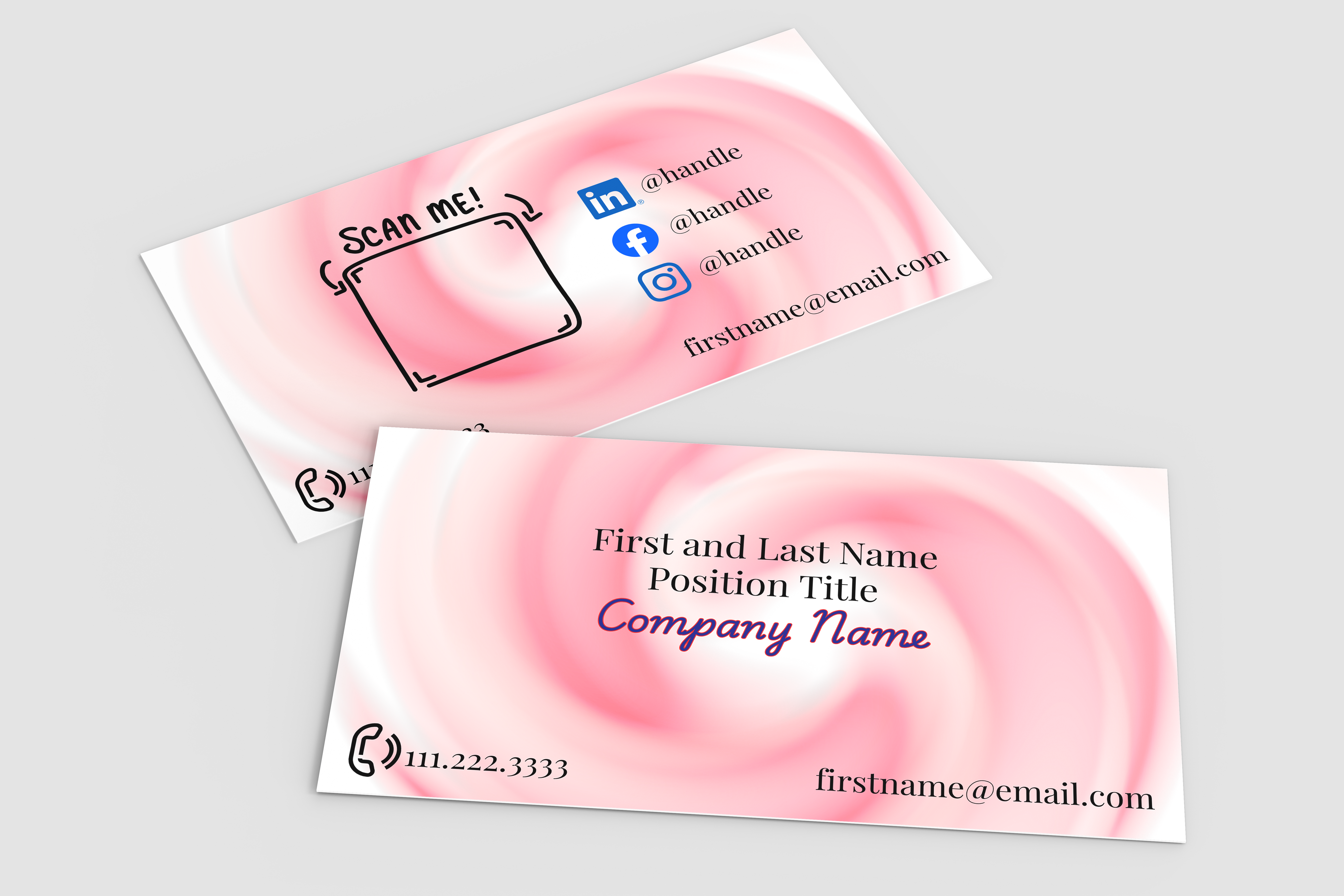 Two pink business cards with contact information on a gray background
