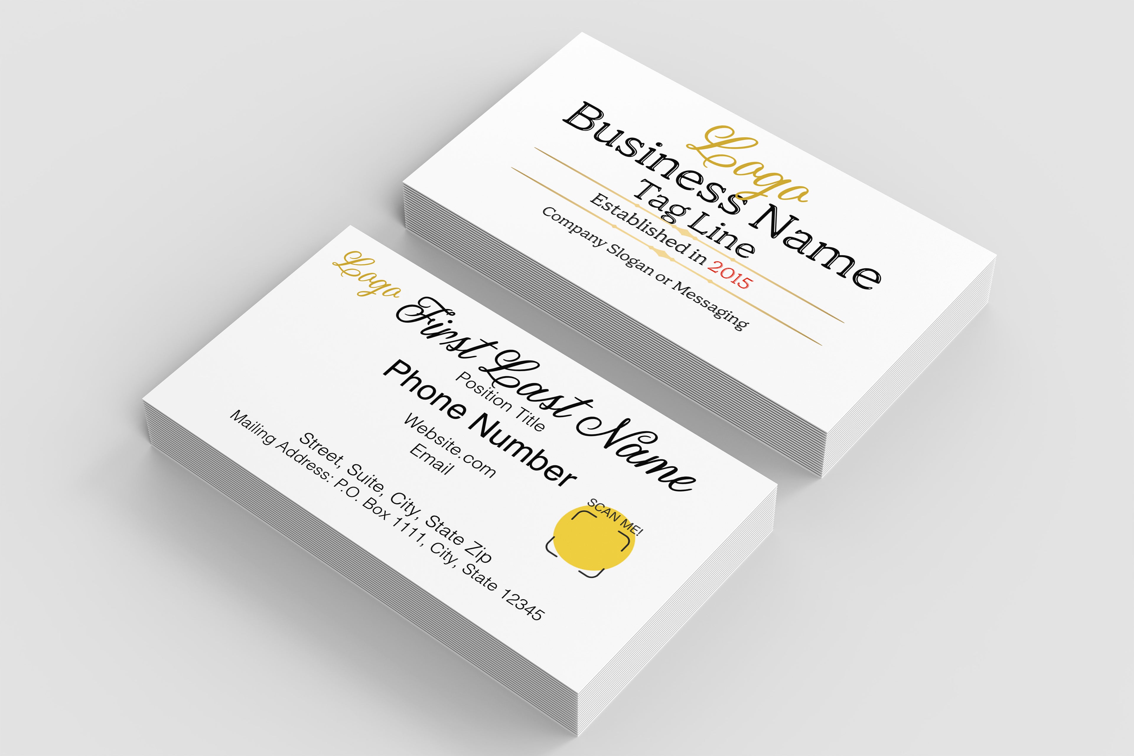Two white business cards with black and gold placeholder text, shown at an angle on a light gray background.