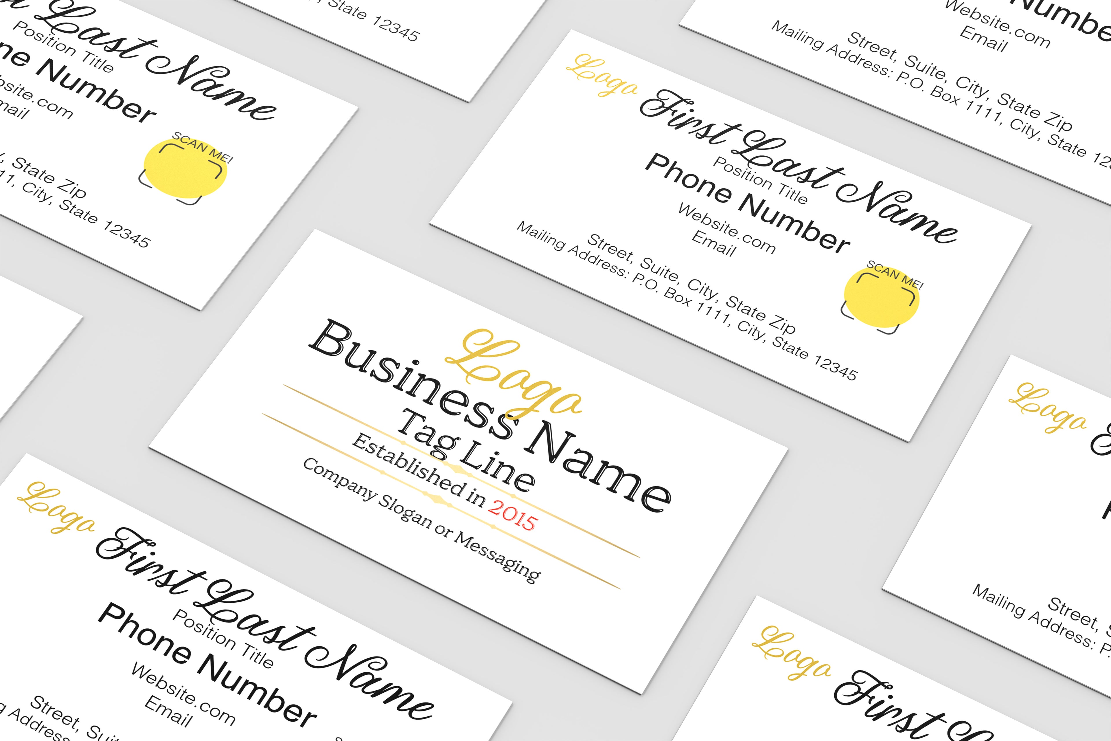 A set of printed business cards arranged on a light gray background. The cards are white with black placeholder text and small yellow logo graphics.