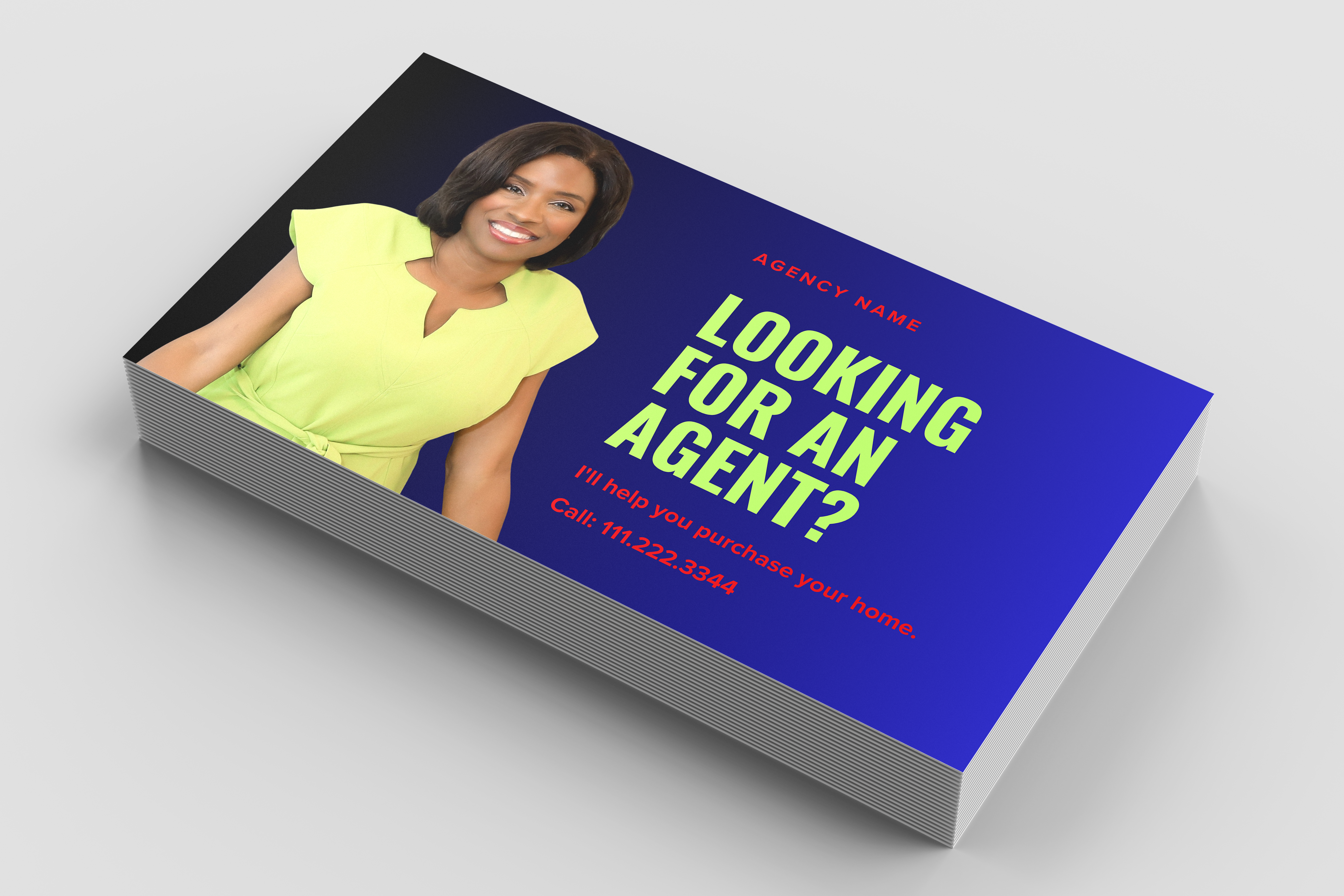 Real estate agent flyer with a woman in a yellow shirt on a gray background