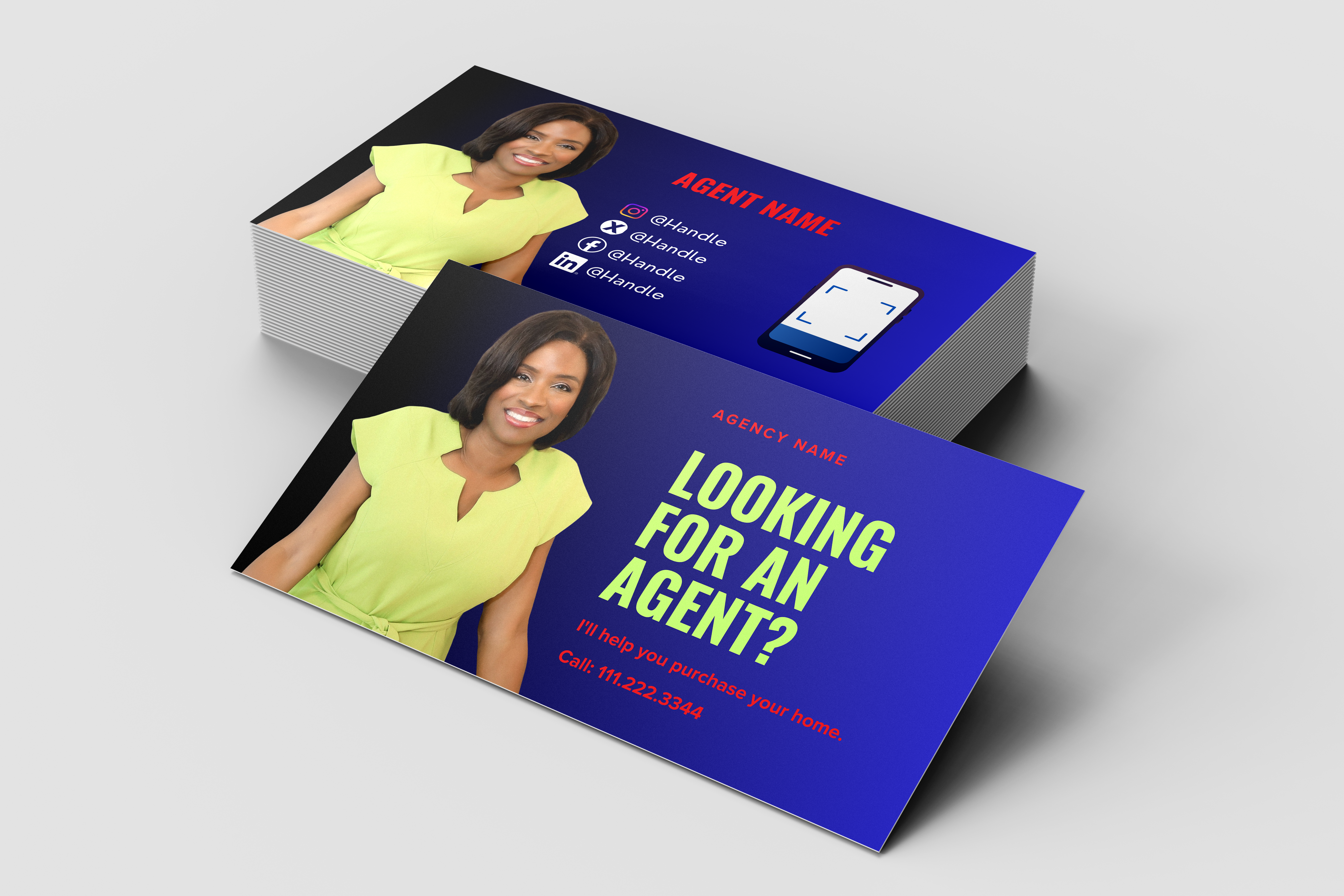 Real estate agent business cards with a woman's photo and contact information on a white background