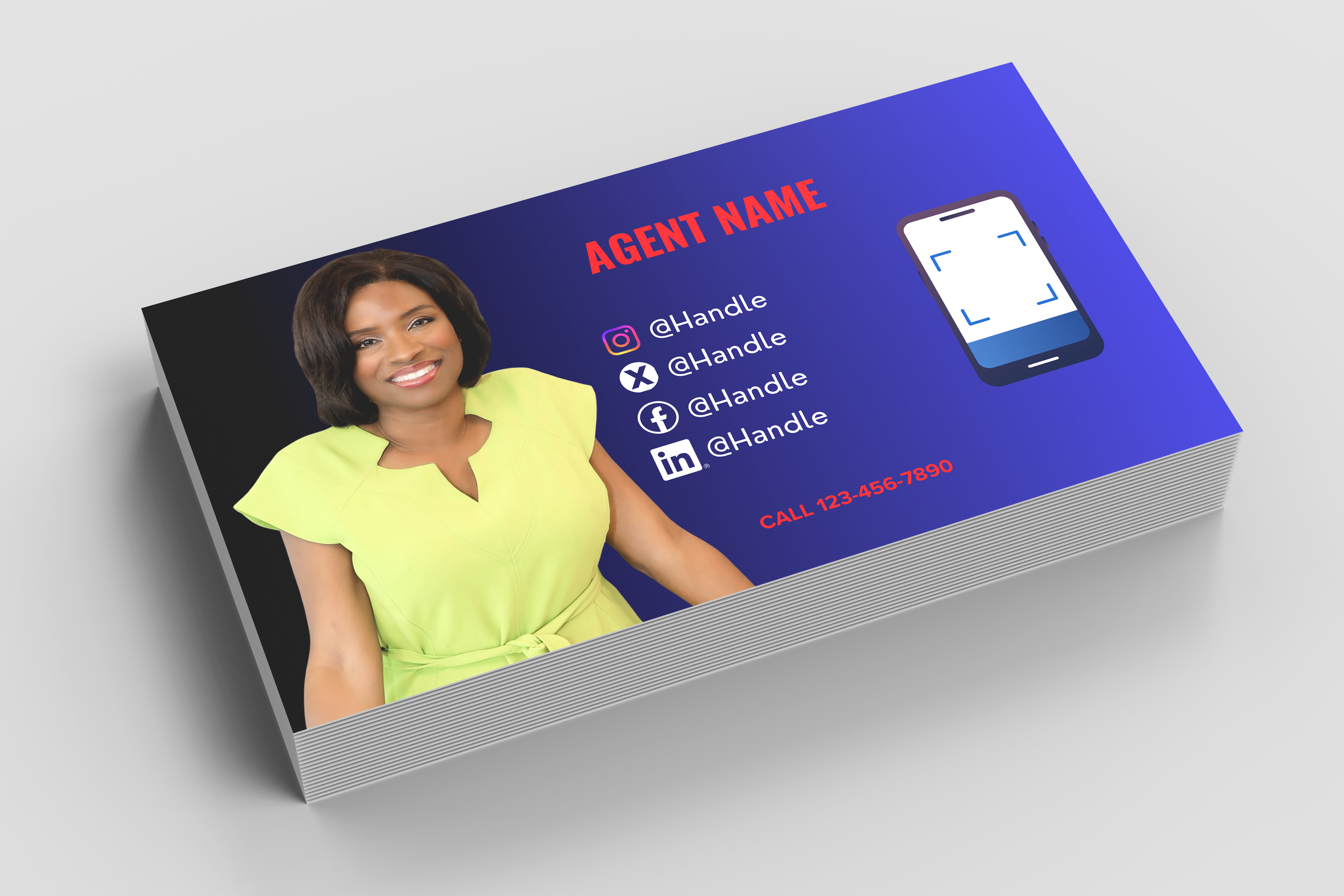 Business card with a photo of a woman, contact information, and a phone icon on a purple background.