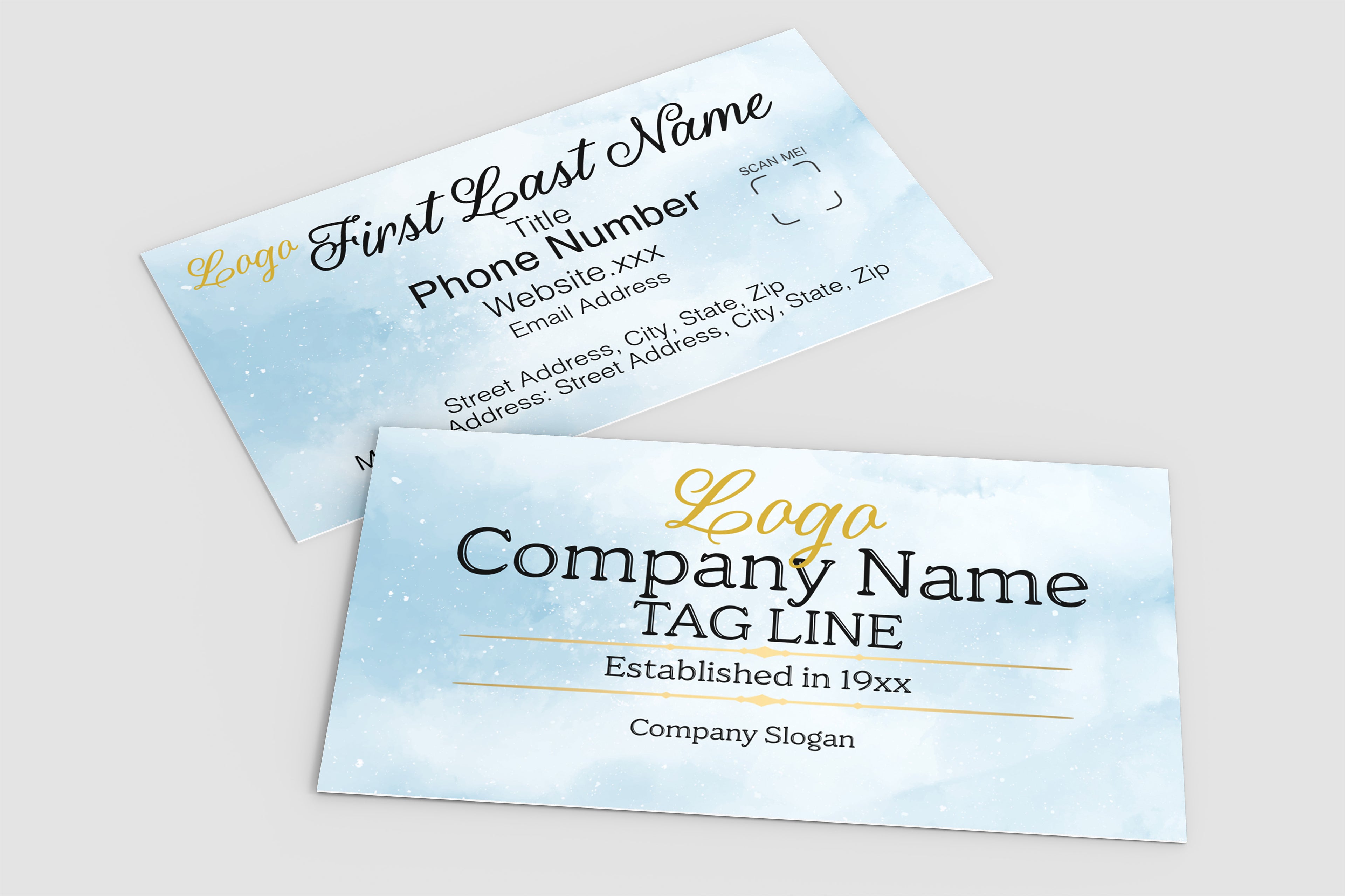 Two customizable business cards with a light blue watercolor background, displayed on a neutral light gray surface. The front card features placeholder text for 'Company Name' and 'Tag Line' in black and gold fonts, while the second card behind it shows details like 'First Last Name' and placeholder contact information.