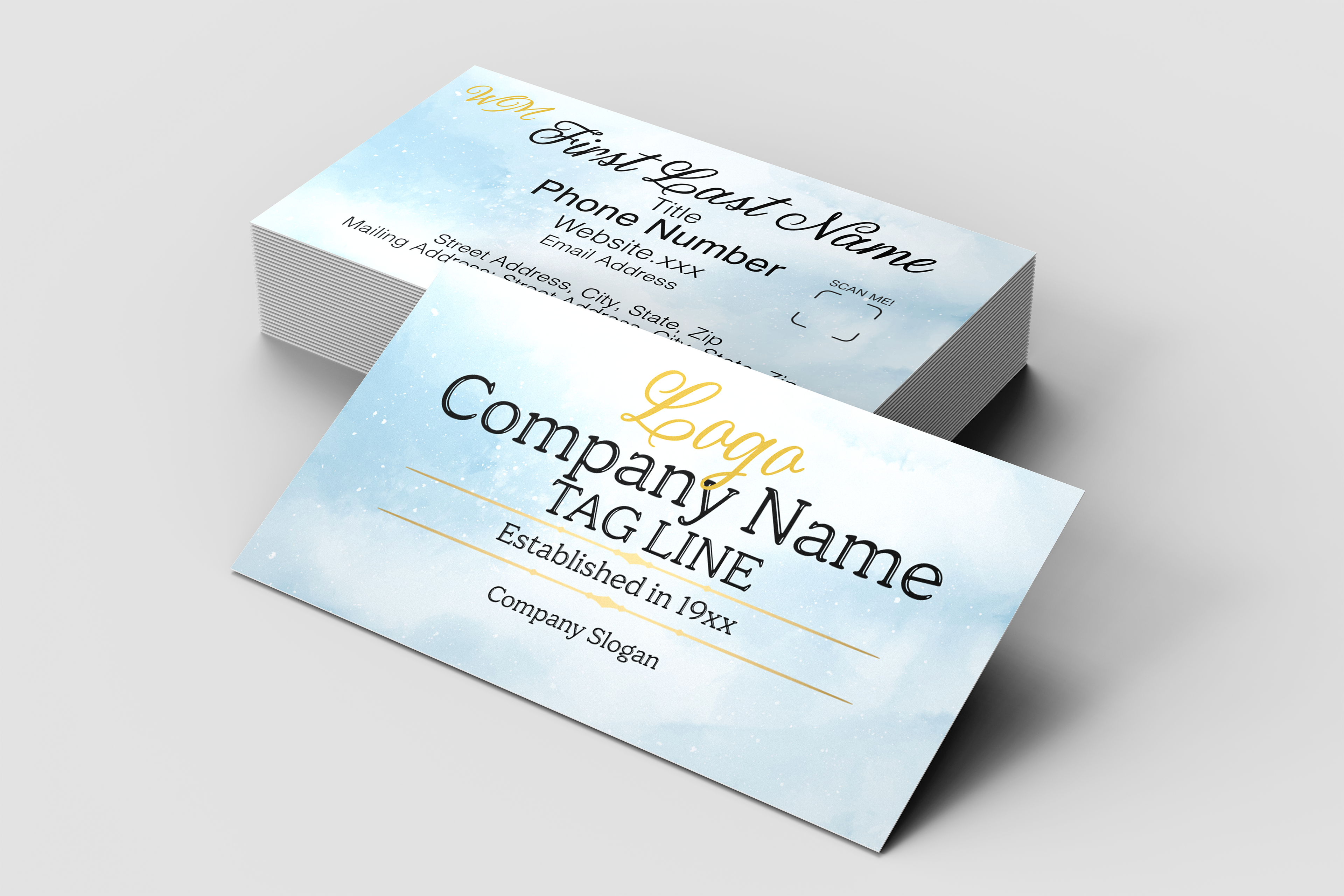 Two printed business cards with a light blue watercolor background, shown on a clean light gray studio surface. One card is placed in front and the other rests behind it at an angle.