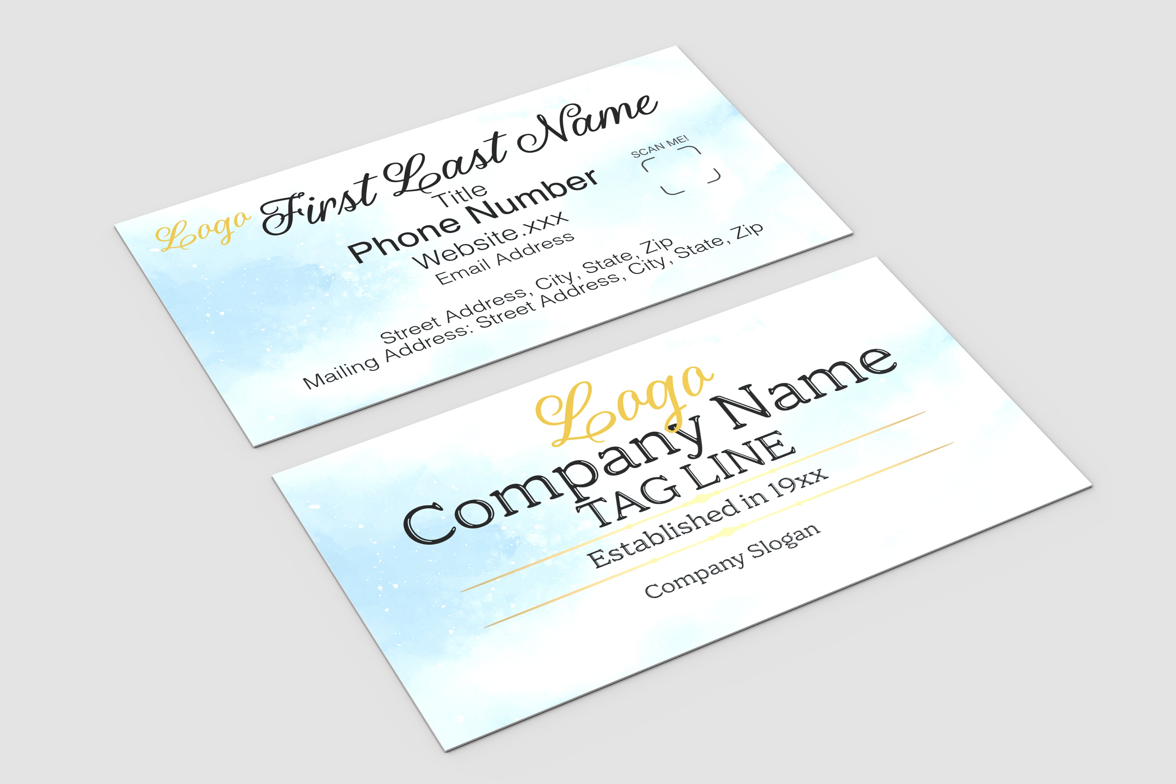 Two business card templates shown on a light gray background, one front and one back. The cards are white with a soft light-blue watercolor effect, black placeholder text, and gold logo/text accents.