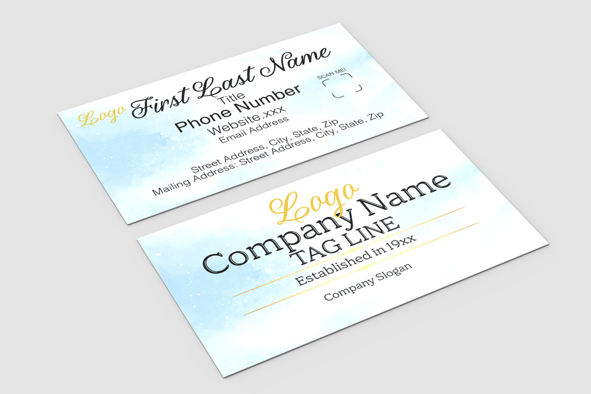 Two business card templates shown on a light gray background, one front and one back. The cards are white with a soft light-blue watercolor effect, black placeholder text, and gold logo/text accents.