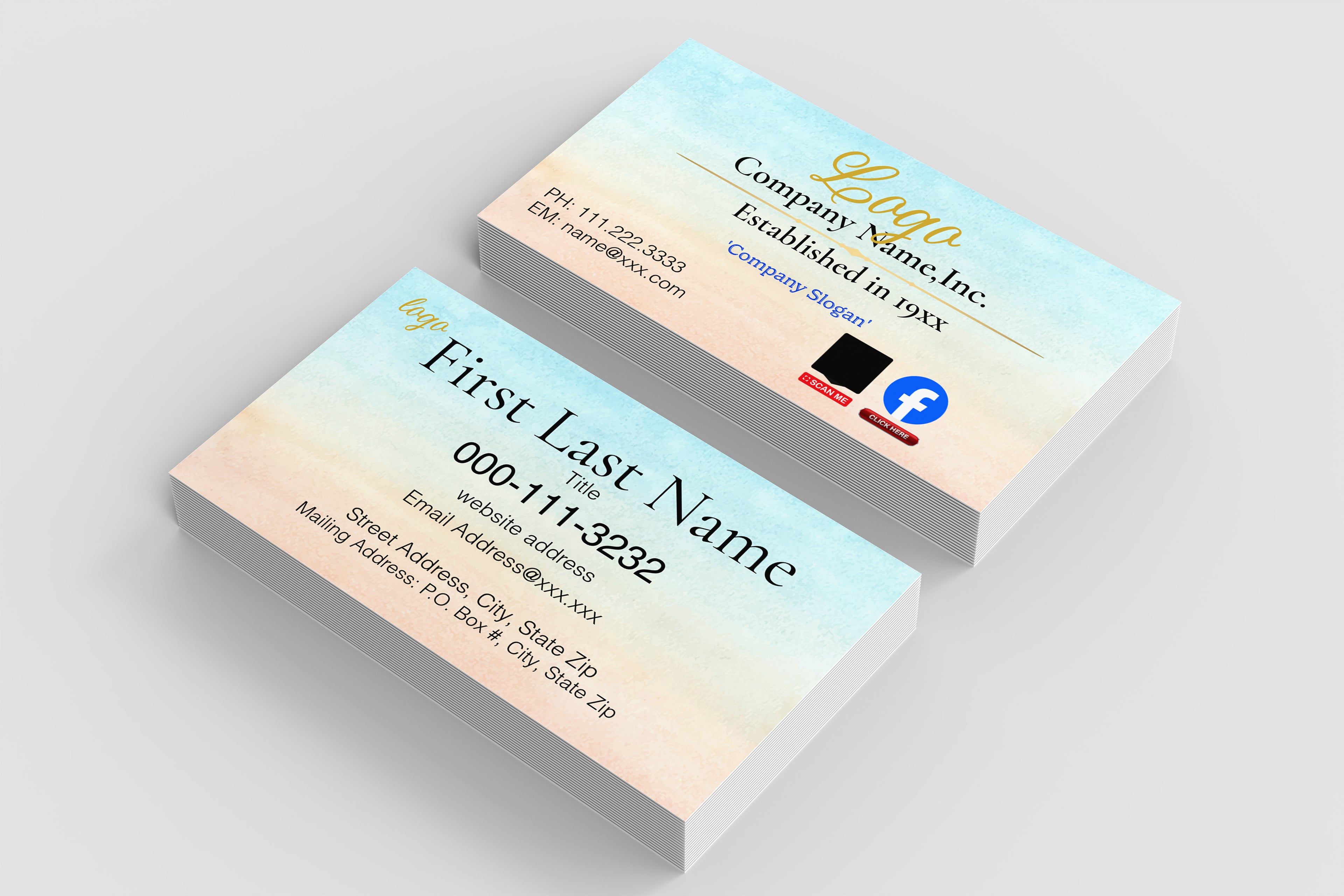 Two business cards shown at an angle on a light gray background. The cards have a soft pastel gradient design transitioning from light blue at the top to pale peach at the bottom, with black and gold placeholder text and small social media icons.