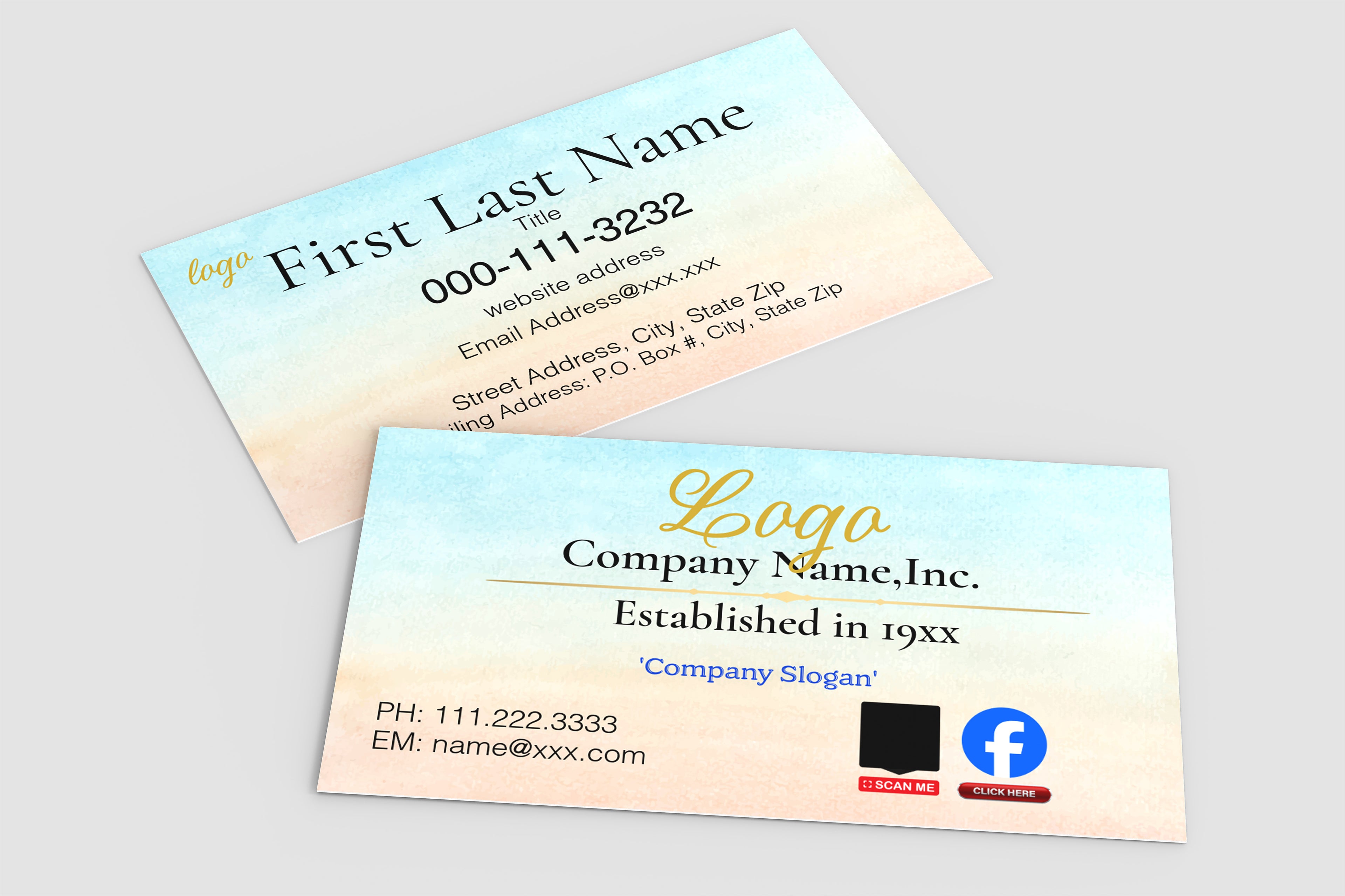 Two business cards with a pastel blue-to-beige gradient background, featuring placeholder company text and contact details, displayed on a light gray surface.