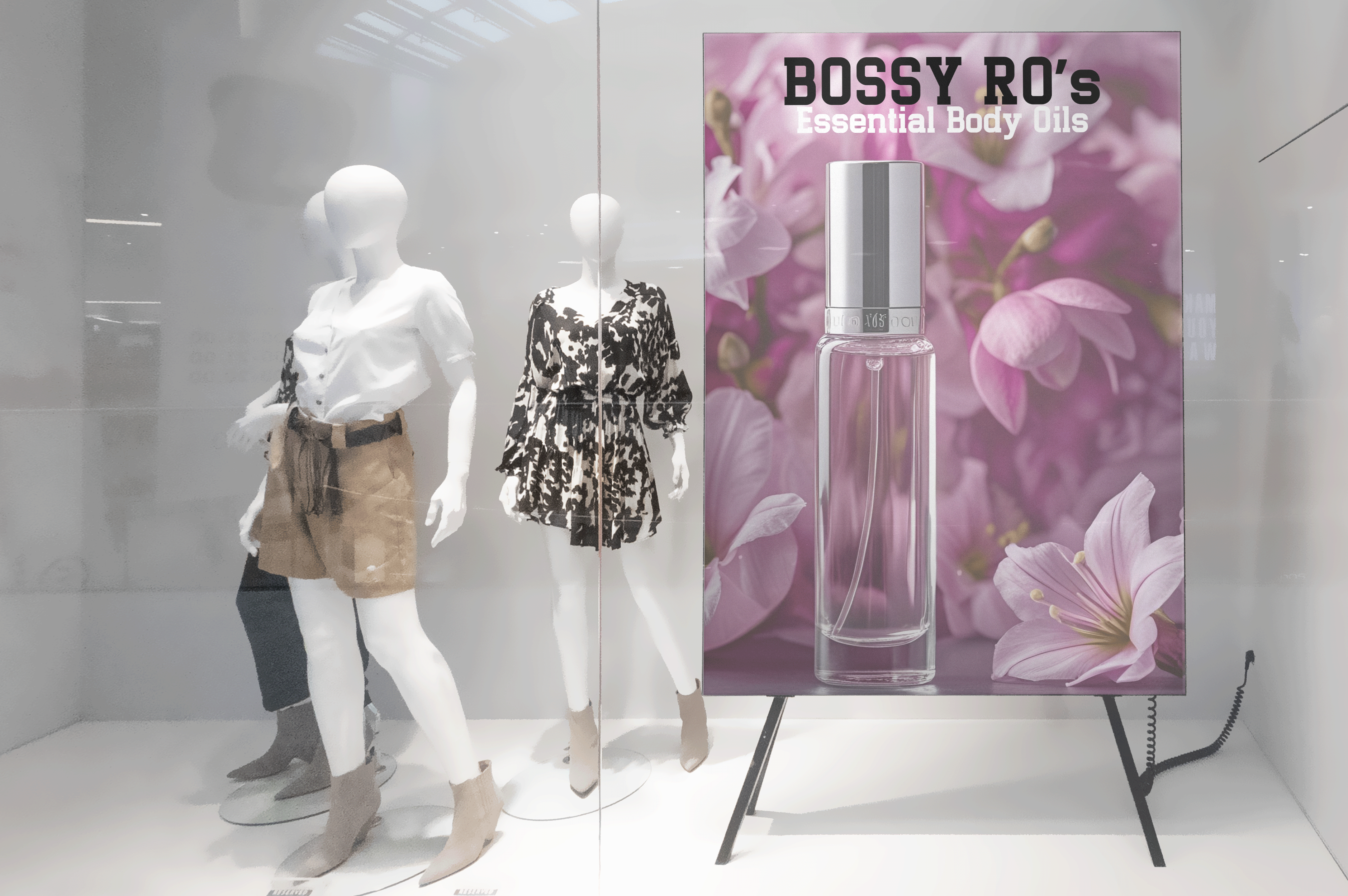Mannequins in a store window with a BOSSY RO's perfume display.